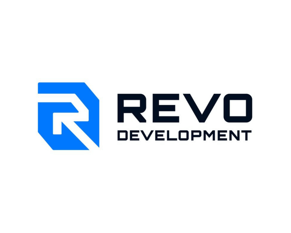 Revo Development logo featuring a stylized blue geometric 'R' and the words 'REVO DEVELOPMENT' in black text.