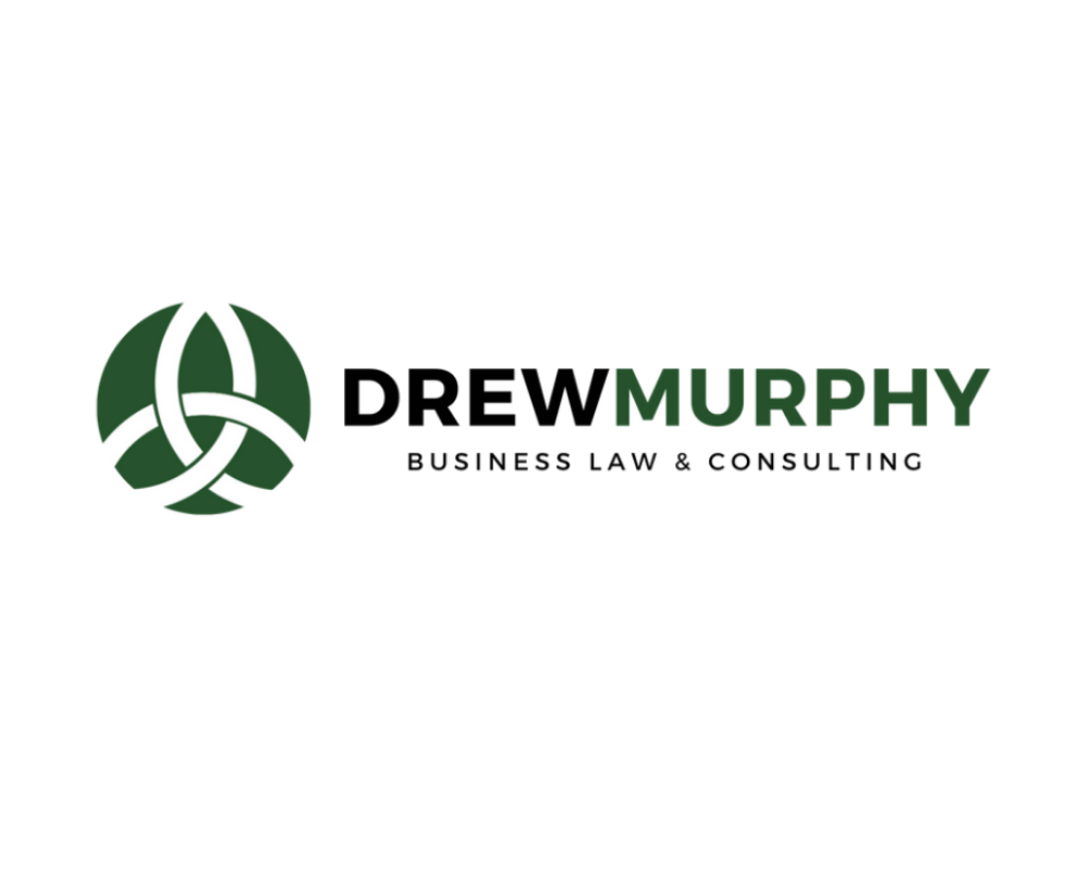 Drew Murphy Business Law & Consulting logo with a green intertwined knot symbol on a white background.