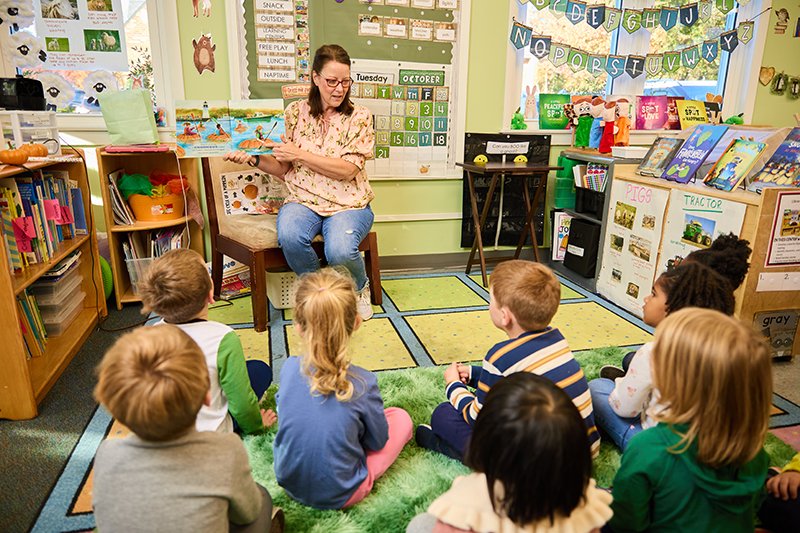 woman in glasses reads book to children sitting on cheerful classroom floor