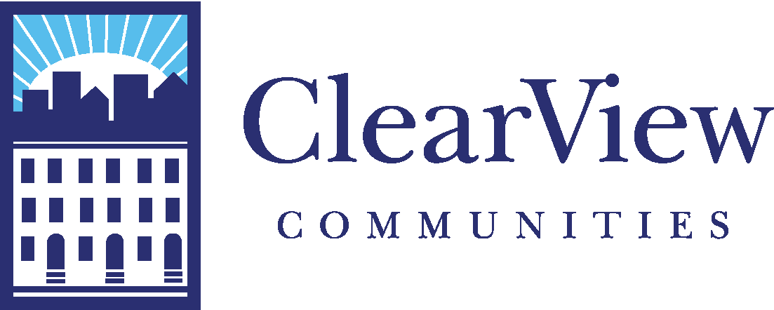 Logo for ClearView Communities, featuring a stylized city skyline with sun rays in the background and the text 'ClearView Communities' beside it.
