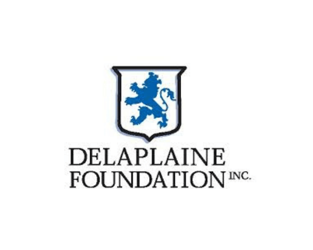 Logo of Delaplaine Foundation Inc. featuring a blue lion crest. Lee