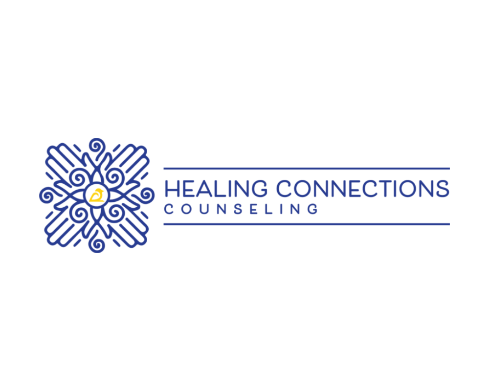 Logo for Healing Connections Counseling, featuring a stylized blue hand-symbol with swirling patterns and a yellow dove in the center, accompanied by the text 'Healing Connections Counseling' in blue.