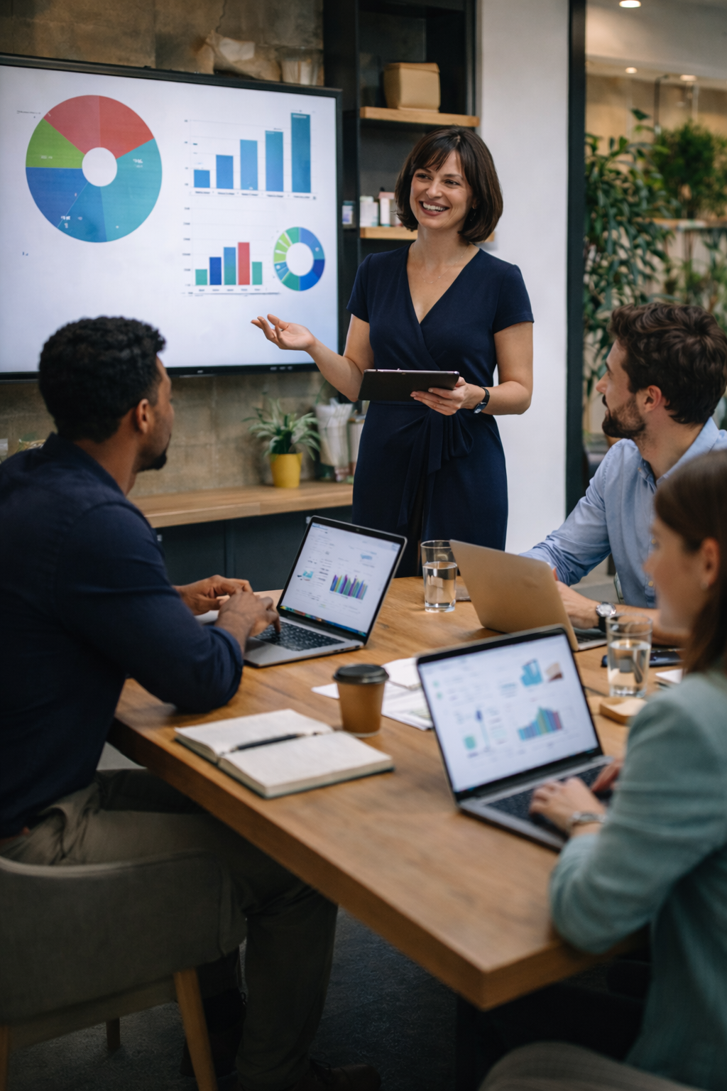 A woman gives a presentation to a group of professionals in a modern conference room with charts and graphs on a screen.