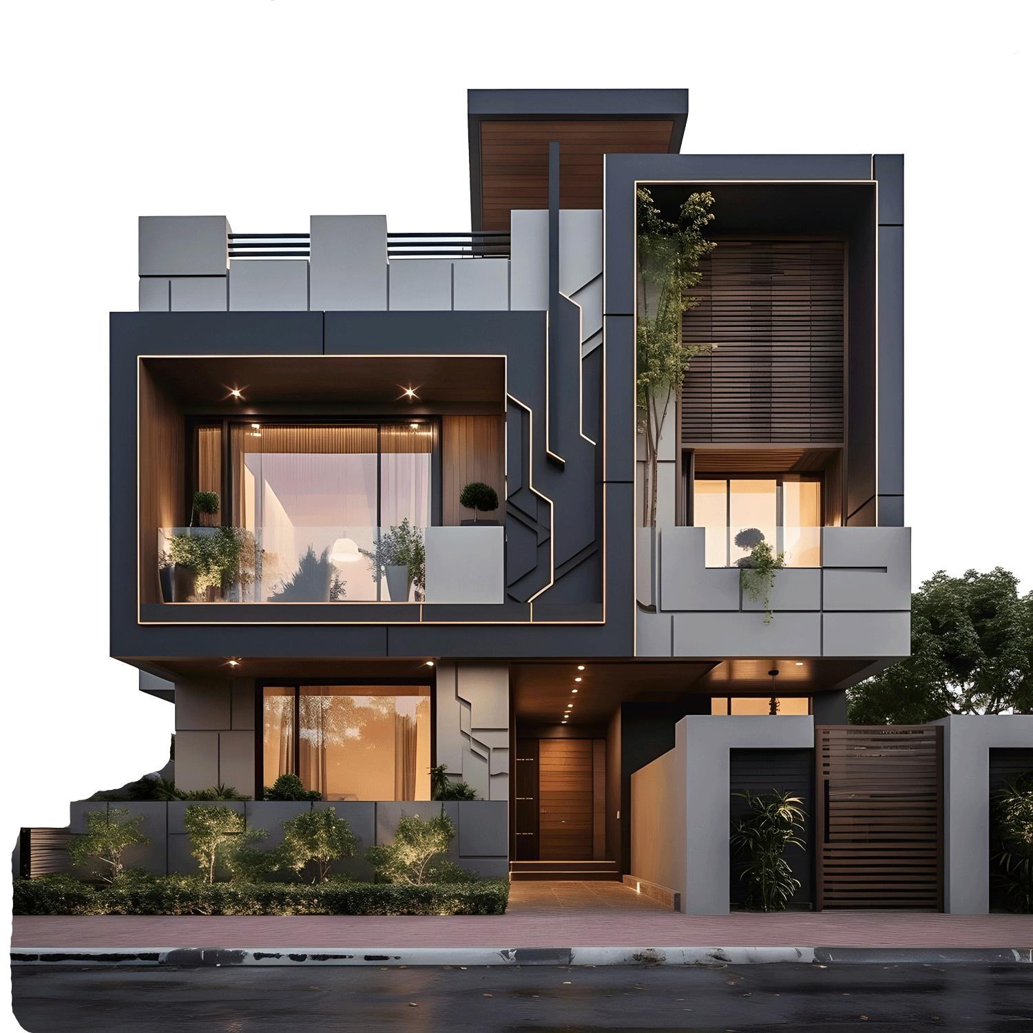 Modern multi-story house with large windows, geometric design, and outdoor plants, illuminated at dusk.