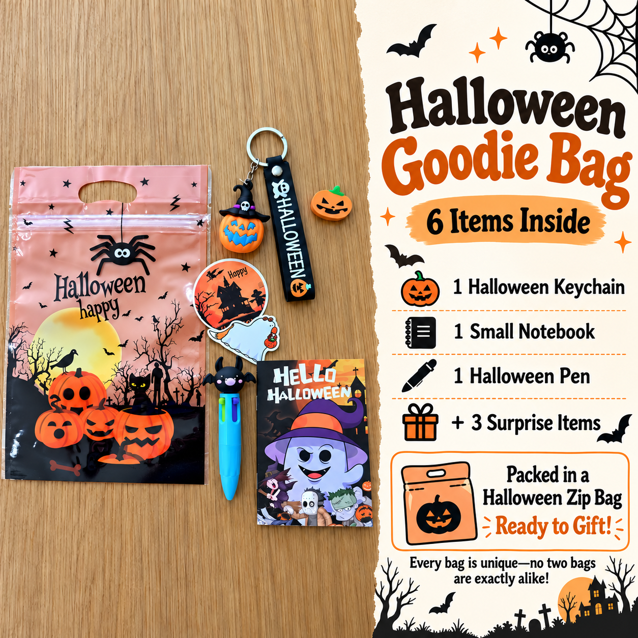 Halloween Goodie Bag – Keychain & Stationery Gift Set | 6 Items