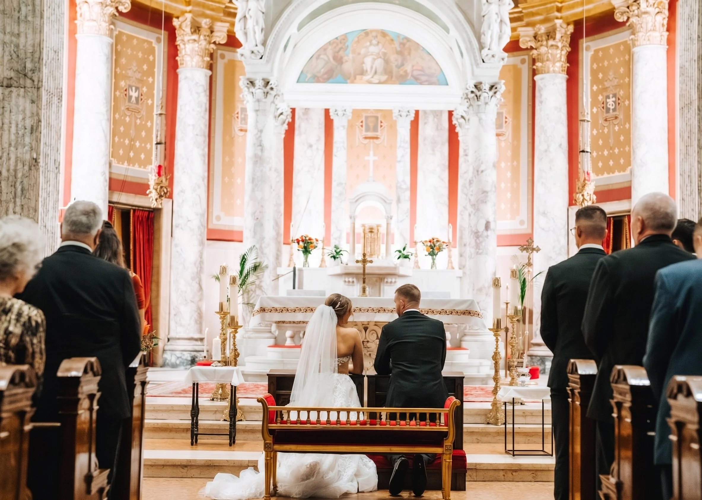 A wedding ceremony taking place inside a church with ornate architecture, featuring a bride and groom kneeling before the altar with guests standing nearby.