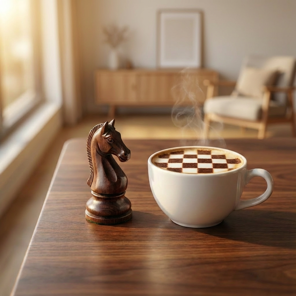 A chess piece on a desk in a cosy room, next to a cup of latte with a chessboard cocoa pattern on top.