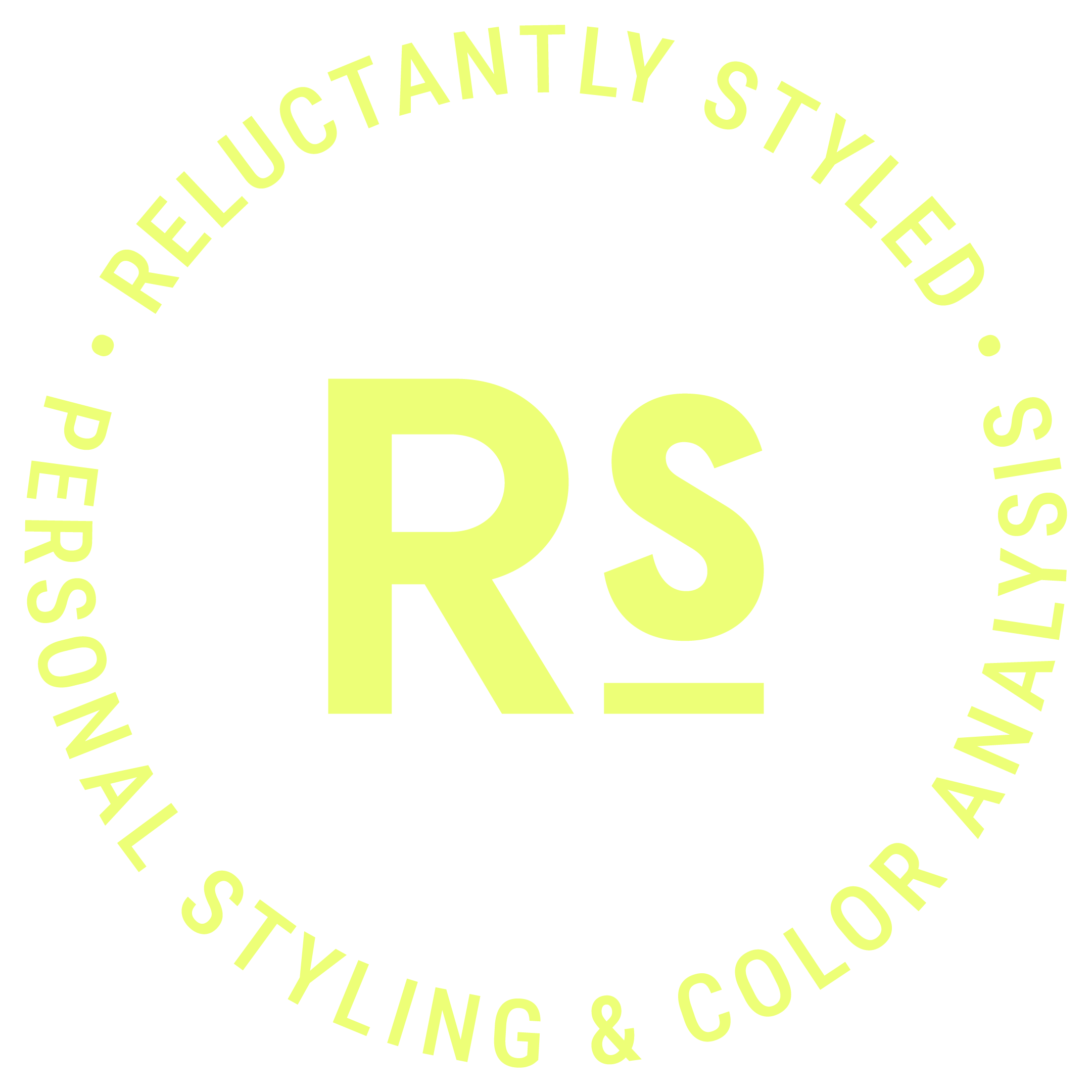 Logo with the text 'Reluctantly Styled' and 'Personal Styling & Color Analysis' surrounding large letters 'RS' in the center, all in a chartreuse color.