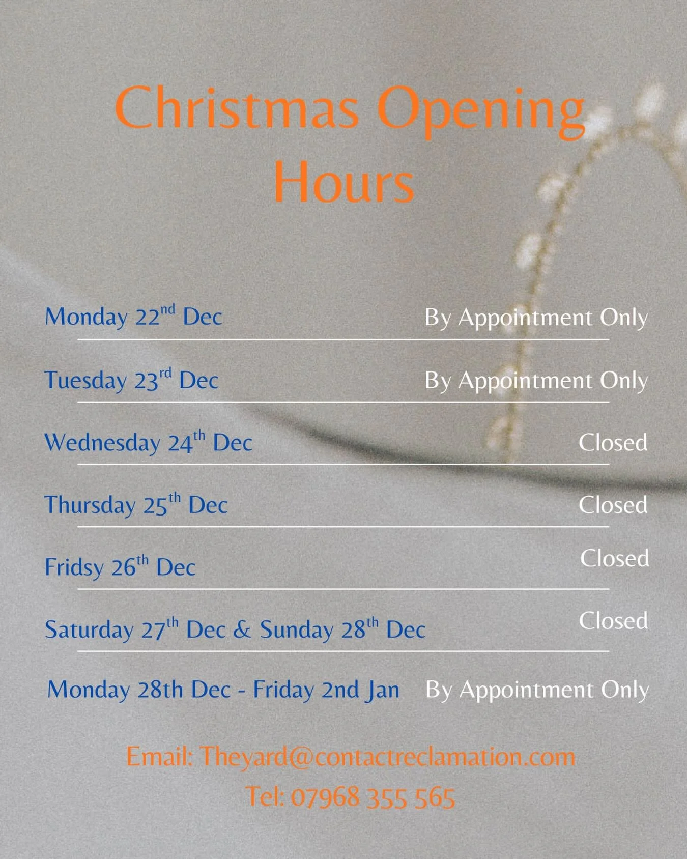 ✨Christmas Closing Notice✨

We will be slowing things down over the festive period 🎄

Some days will be by appointment only&hellip;.because even small businesses deserve a proper Christmas break! 😆

Thank you for all your custom and support this ye