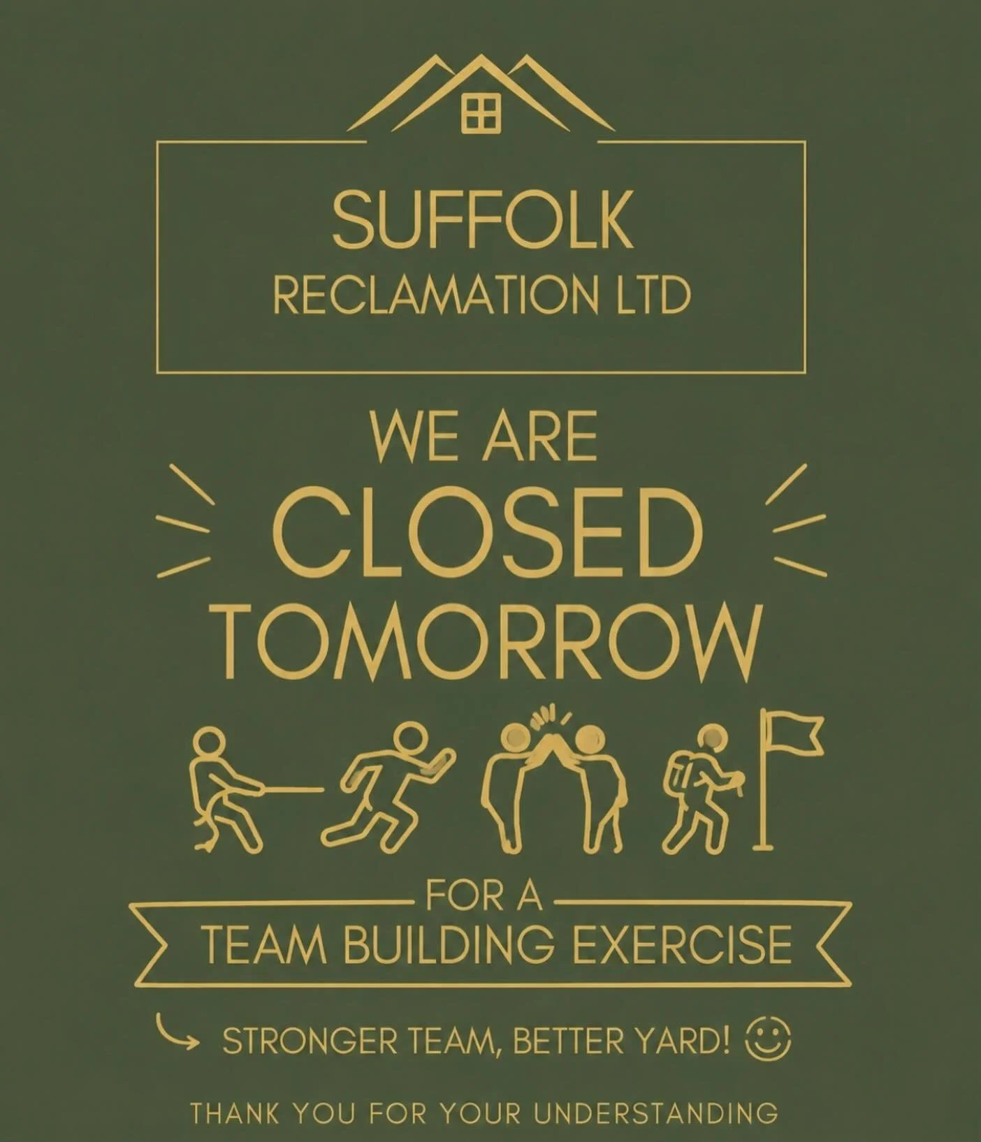 We&rsquo;re closed tomorrow as the team are off on a well-deserved day out! 

We&rsquo;re swapping roof tiles for team smiles and taking a day to relax, recharge and enjoy some quality time together! 🙌

We&rsquo;ll be back opening the gates at 7am o