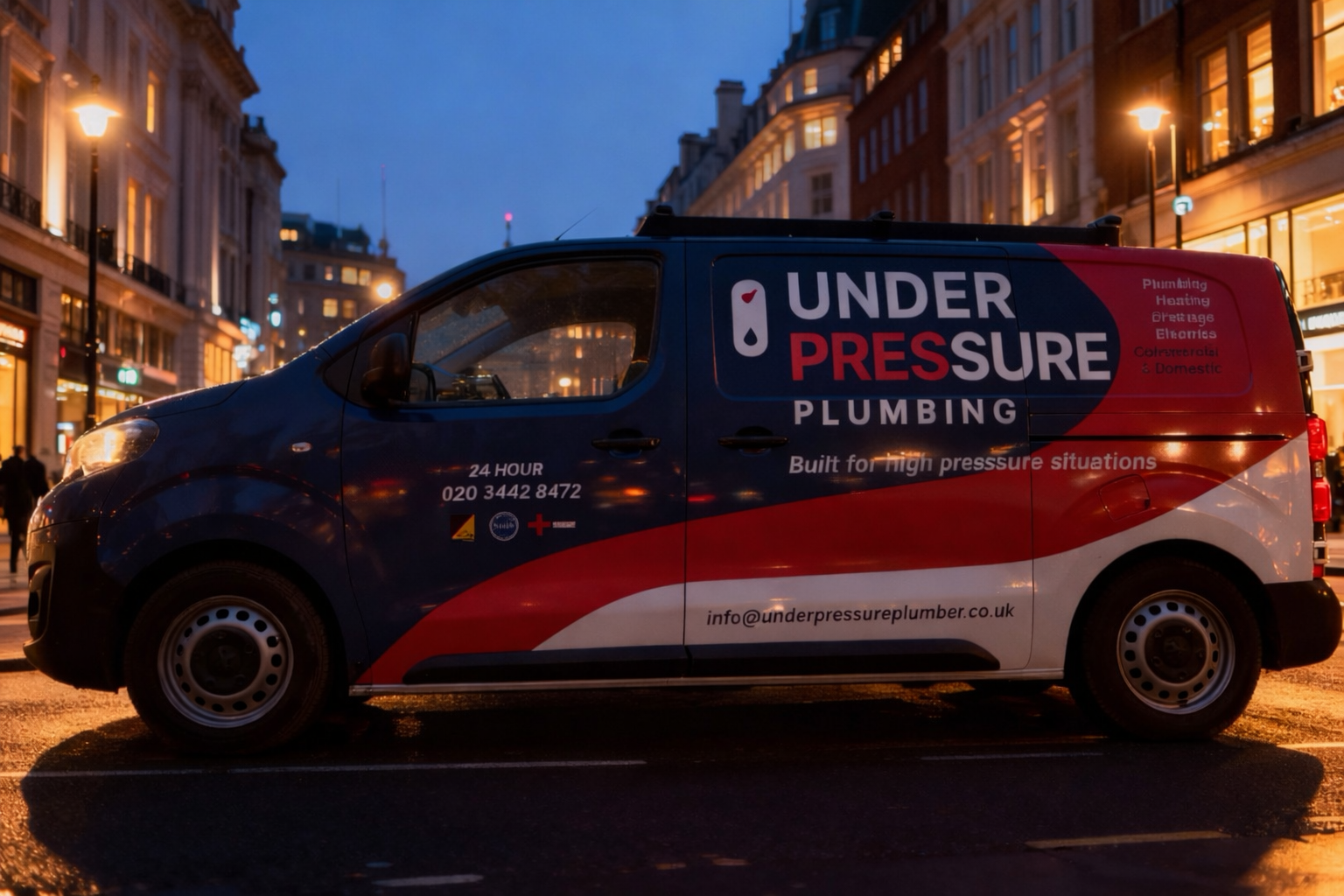 Under Pressure Plumbing service van providing 24/7 emergency plumbing repairs across North London.