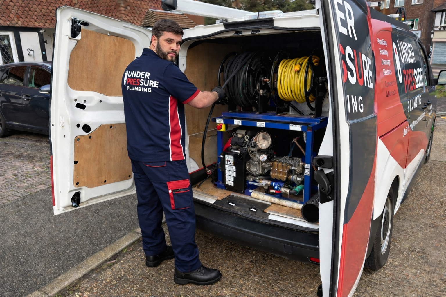 Emergency plumber from Under Pressure Plumbing preparing equipment for a plumbing call.