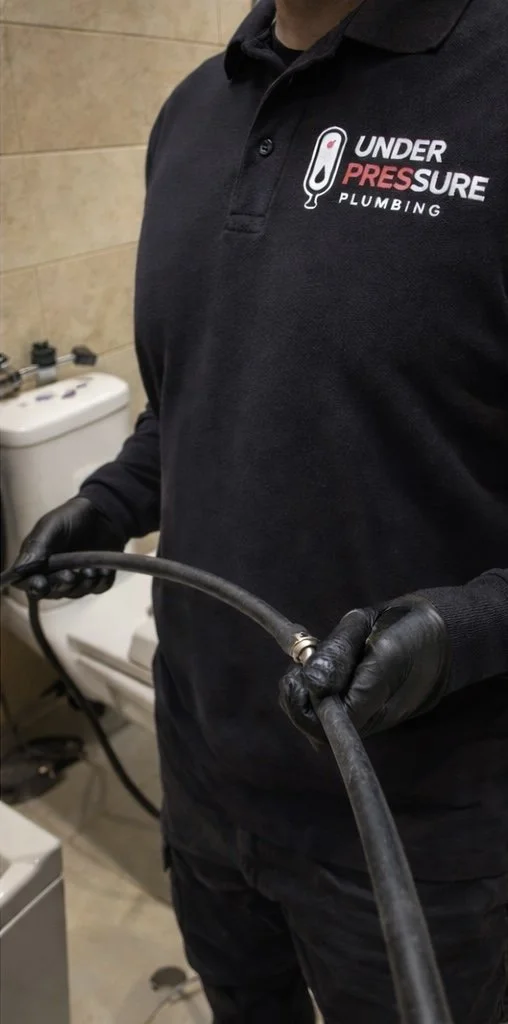 Drainage engineer clearing a blocked toilet and internal drainage system in London.