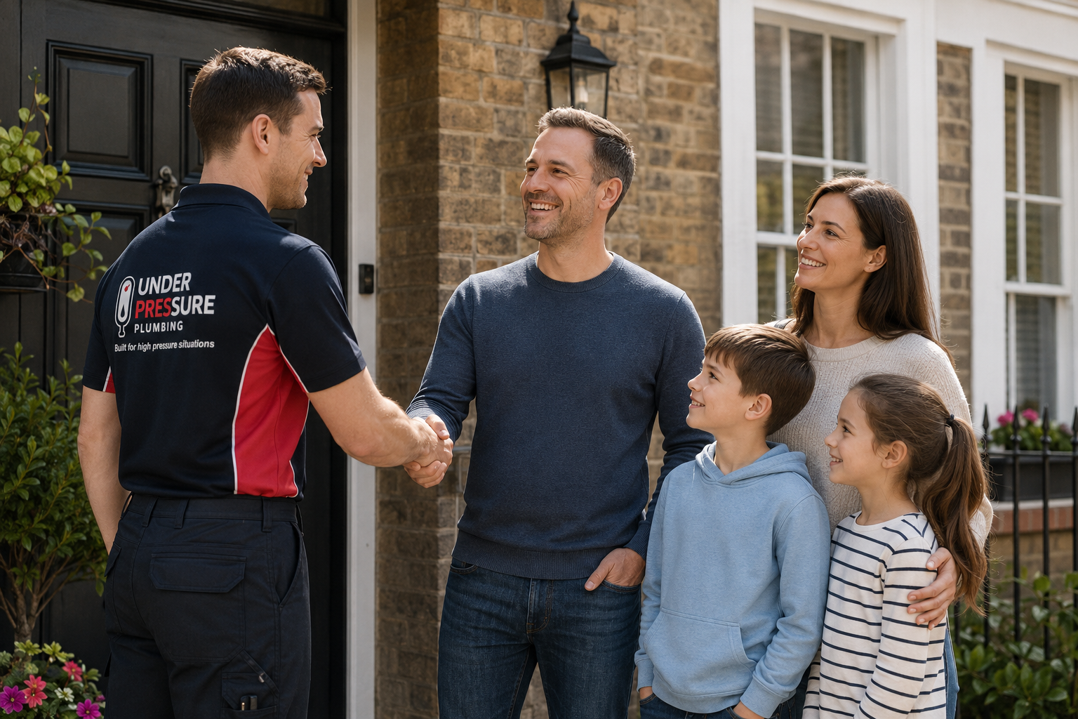 Under Pressure Plumbing engineer meeting a London family and providing trusted local plumbing services.