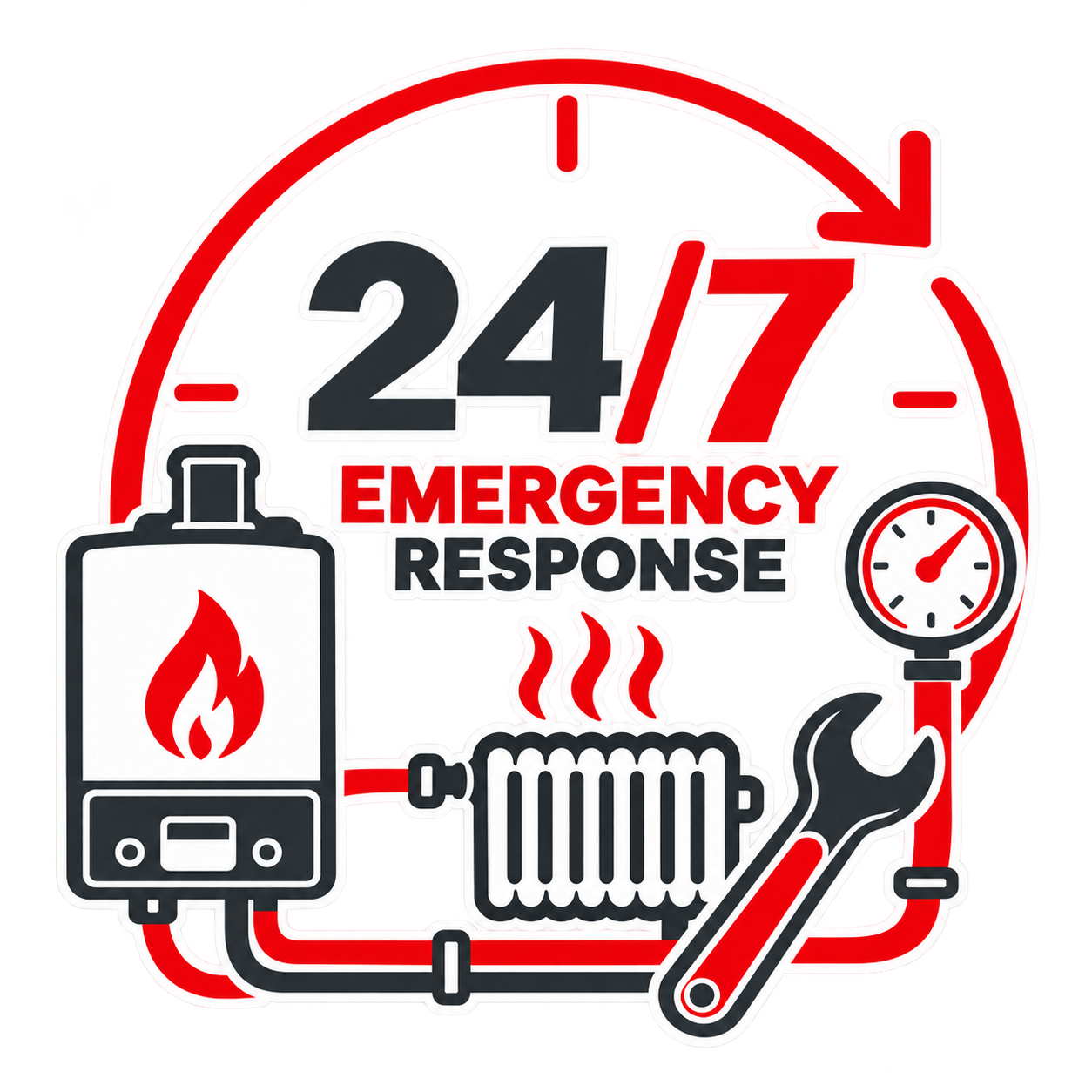 24/7 emergency boiler repair icon showing a boiler, radiator and repair tools