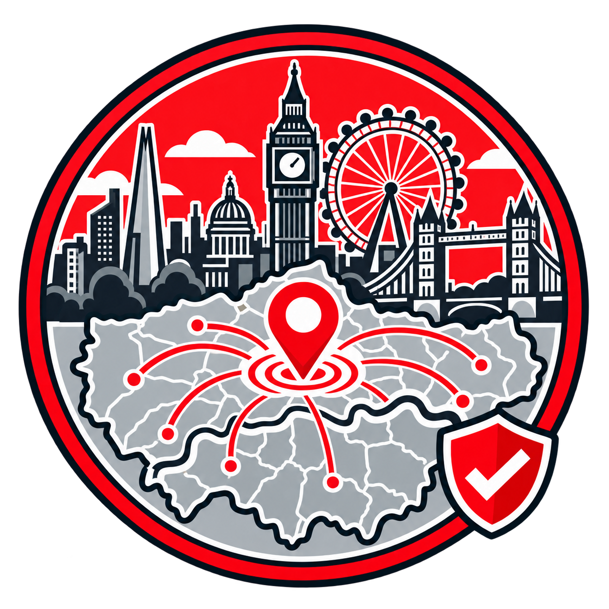 Under Pressure Plumbing London-wide coverage illustration showing iconic London landmarks, a Greater London map and service coverage points.
