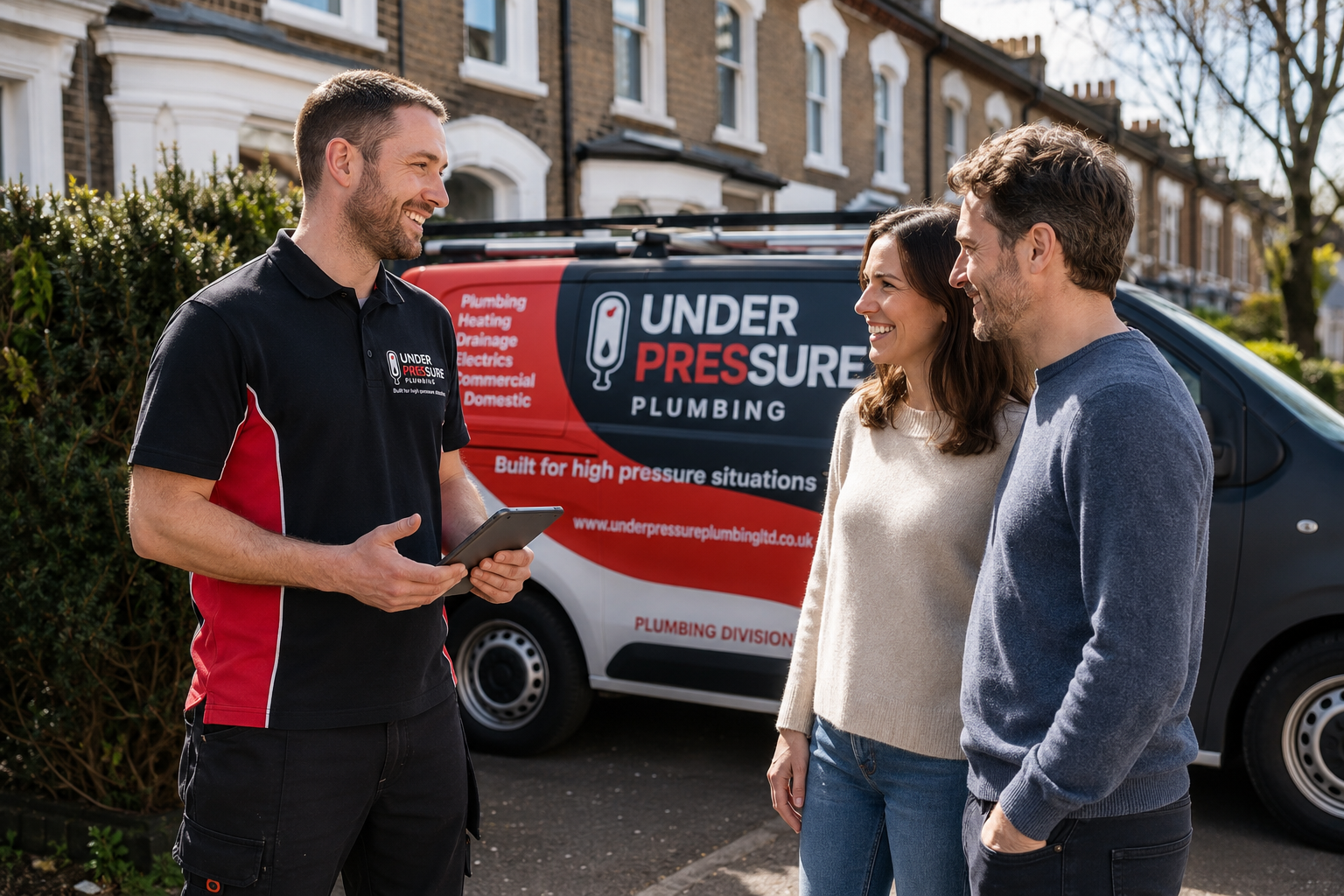 Under Pressure Plumbing engineer discussing plumbing work with customers beside a branded service van.