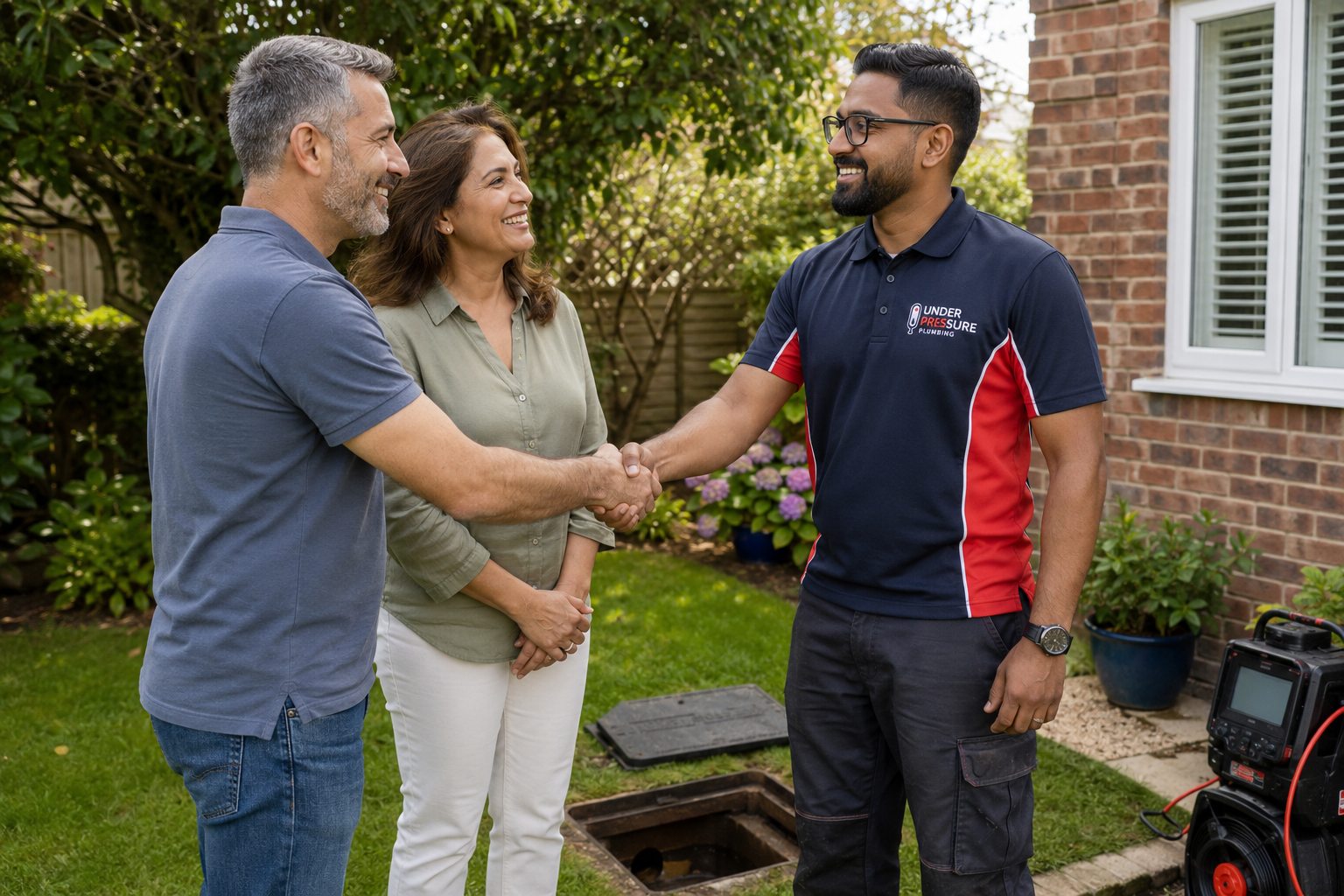 Under Pressure Plumbing engineer meeting homeowners while providing plumbing, drainage and heating services across London.