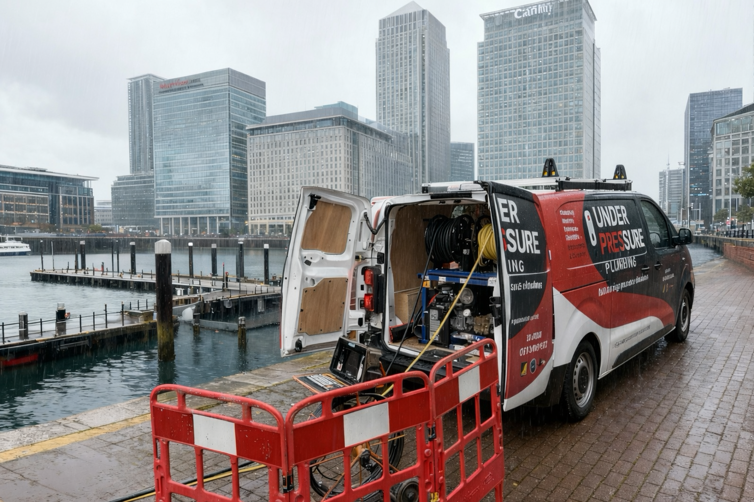 Under Pressure Plumbing van in Canary Wharf providing emergency plumbing services