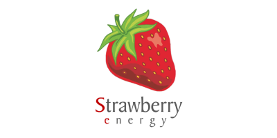 Illustration of a ripe strawberry with green leaves, labeled 'Strawberry energy'.