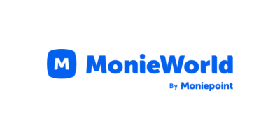 MonieWorld logo with blue text and icon on a white background.