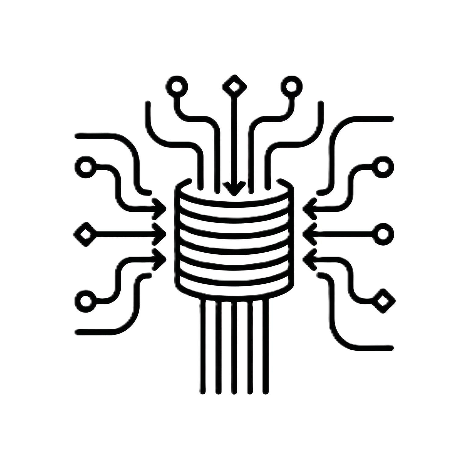 Minimalist icon of a central circuit node with radiating lines, representing the standardization of naming and formats across different data systems.