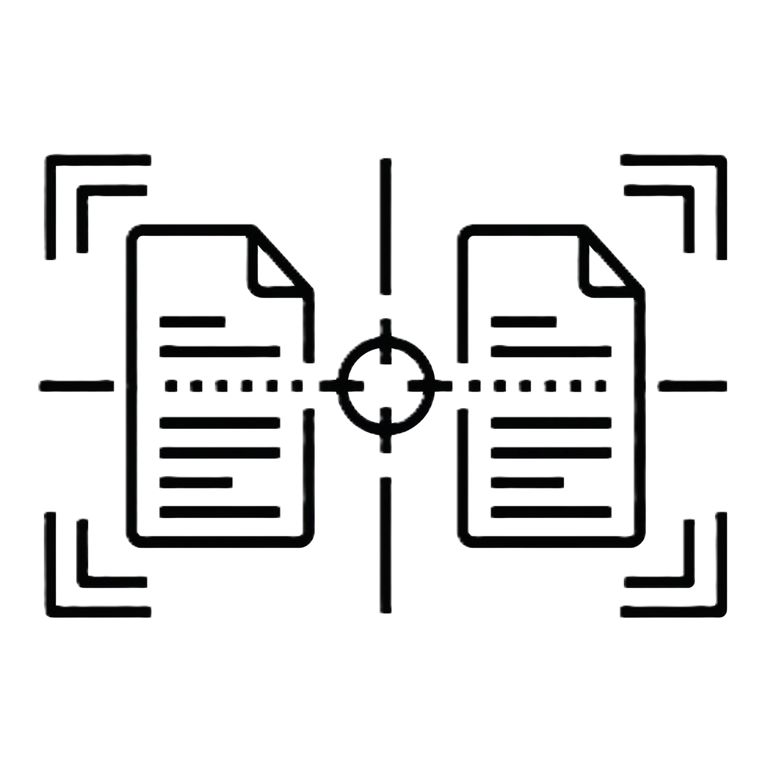 Minimalist icon of two overlapping document outlines with a central crosshair symbol, representing the process of identifying and merging duplicate records.