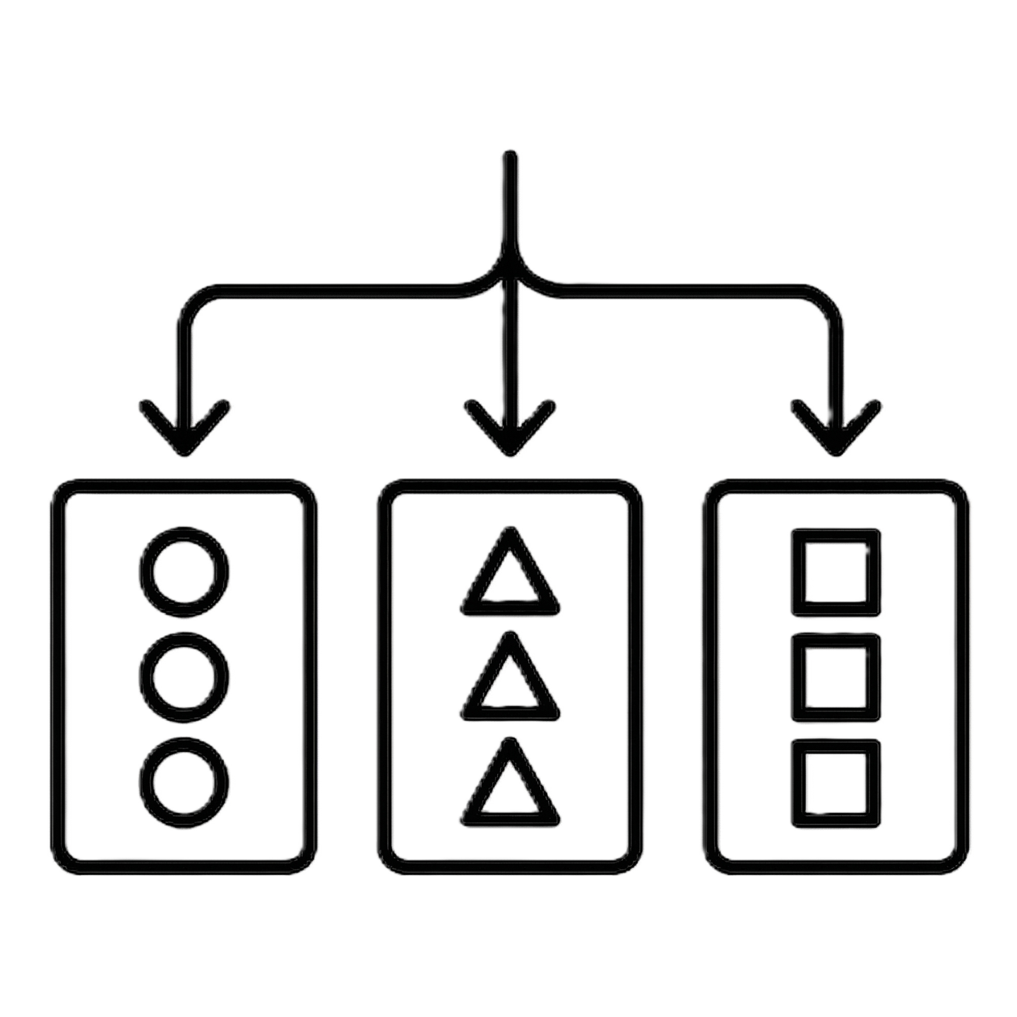 Minimalist icon showing items being sorted through arrows into three distinct boxes labeled with geometric shapes, representing the categorization of items into internal codes.
