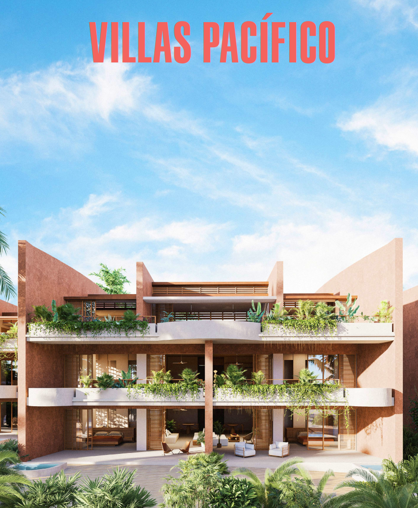 Modern residential building with lush greenery and outdoor lounge area, under a partly cloudy sky. The text "VILLAS PACÍFICO" is written at the top in bold, red letters.