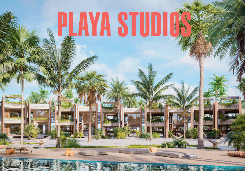 Beachside resort property with modern villas, surrounded by palm trees, with a swimming pool in the foreground, and the text 'Playa Studios' in red at the top.