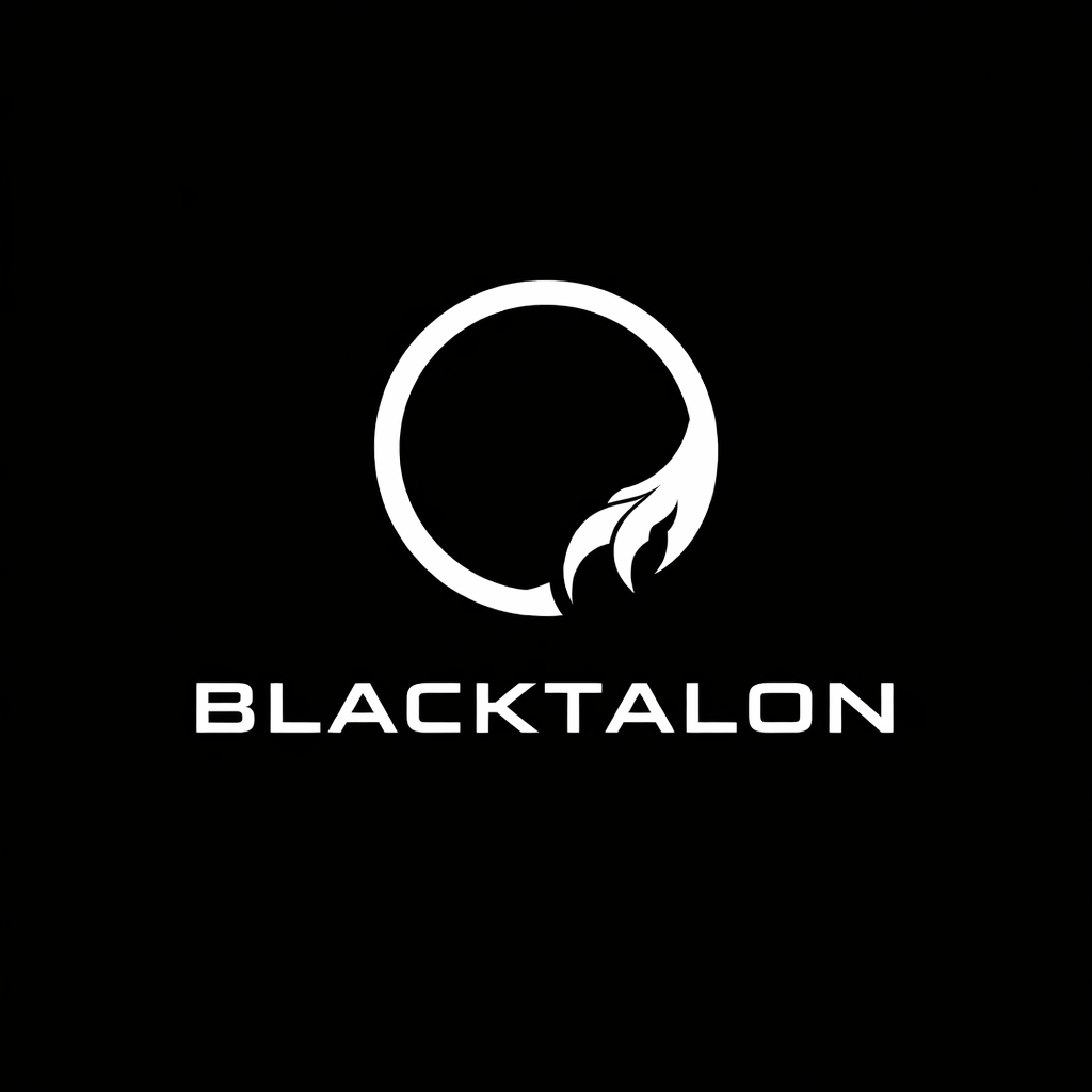 A black background with a white circular logo featuring a stylized bird or falcon and the text "BLACKTALON" below it.