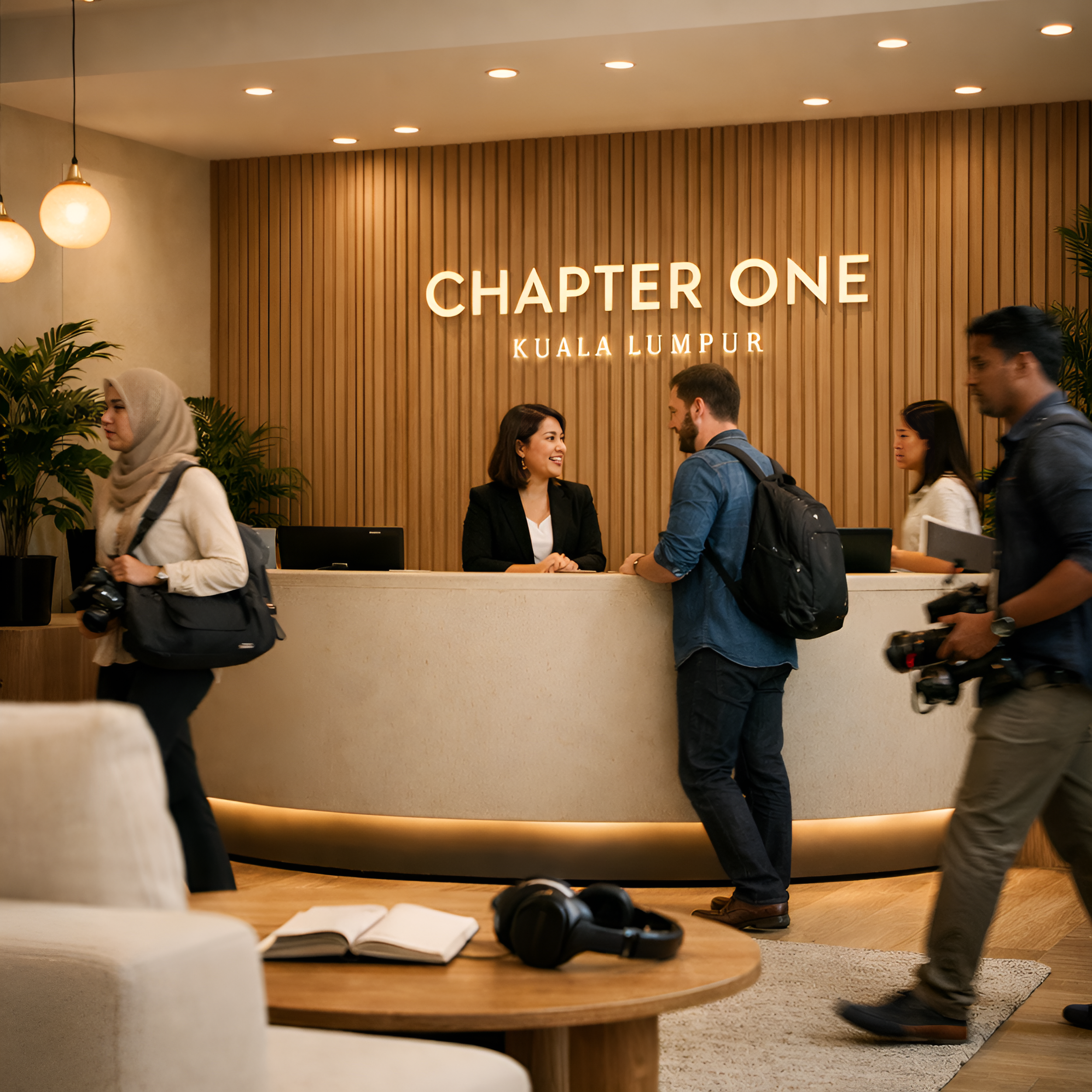 People checking into a hotel reception area with a sign reading 'Chapter One Kuala Lumpur' in the background, and a table with headphones and an open book in the foreground.
