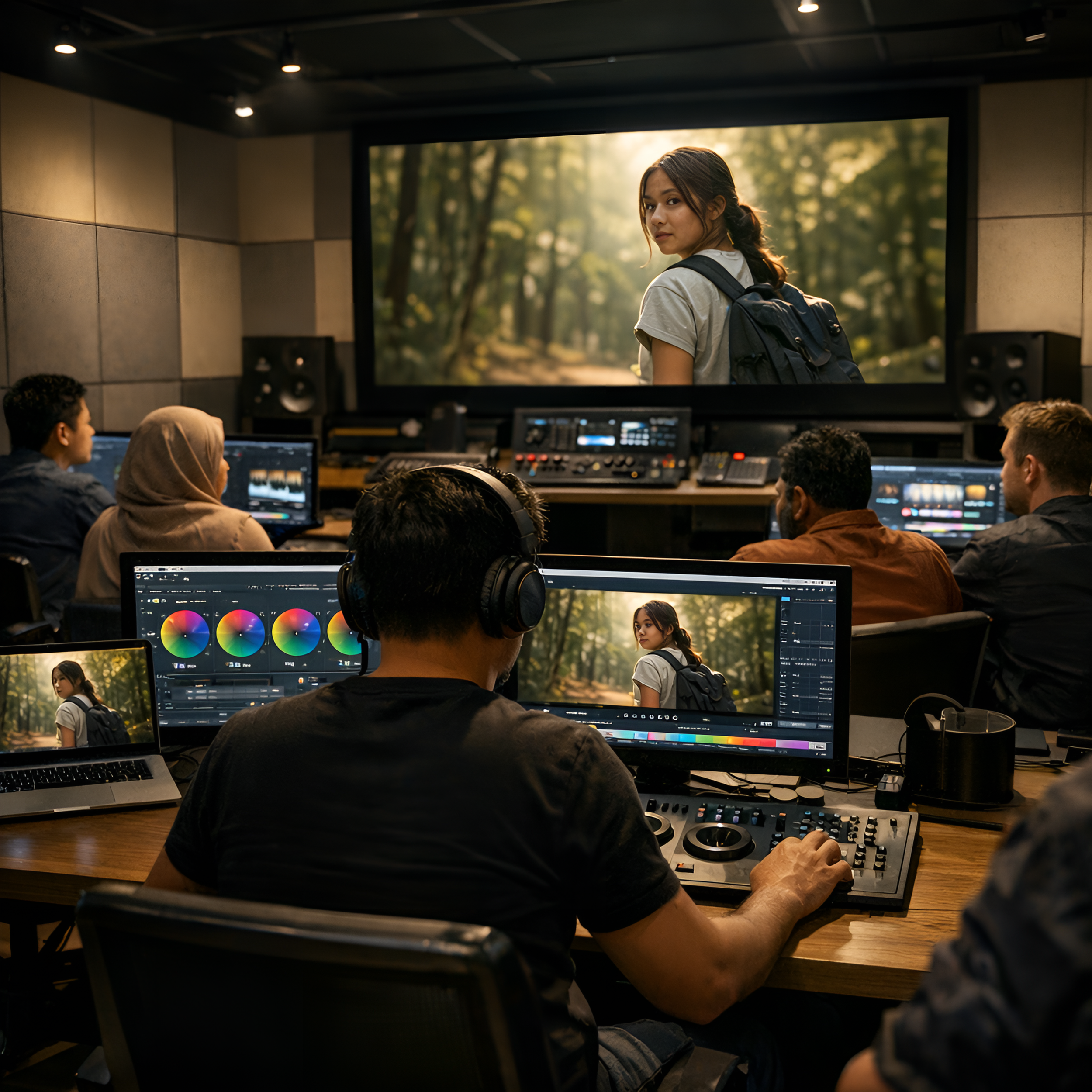 Video editing studio with multiple screens showing a young woman outdoors, while a group of people work on computers and monitors in a dark room.