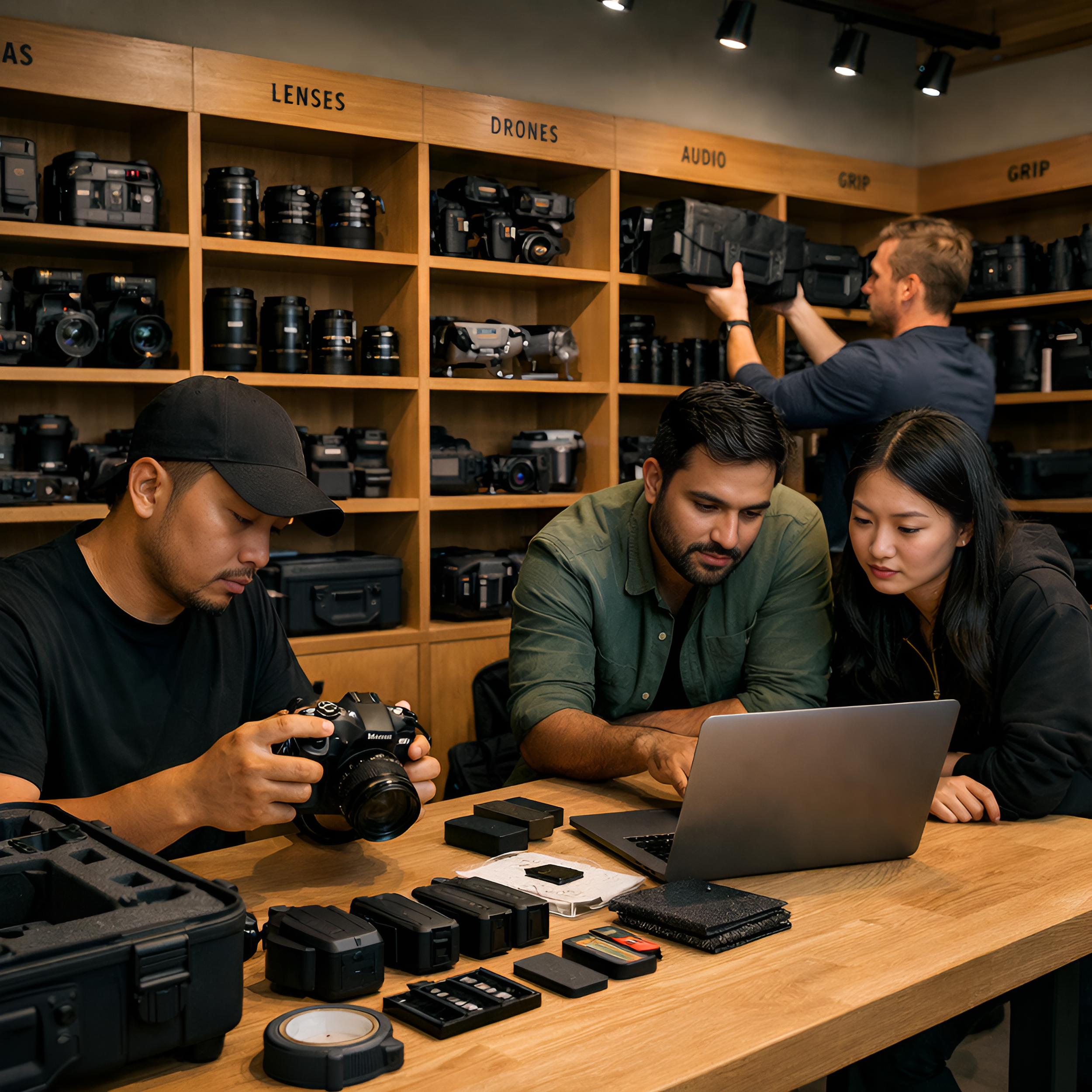 Three people, two men and one woman, are sitting at a wooden table in a camera and photography gear store, looking at a laptop, with various camera accessories on the table. In the background, a man is organizing camera equipment on shelves labeled '