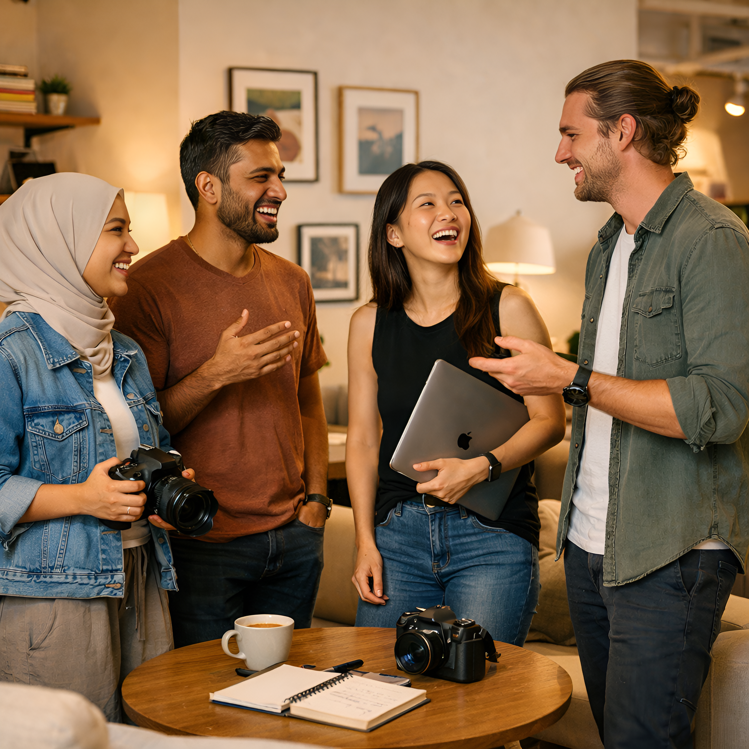 Group of five young adults smiling and talking in a cozy living room, with cameras and a coffee cup on the table.