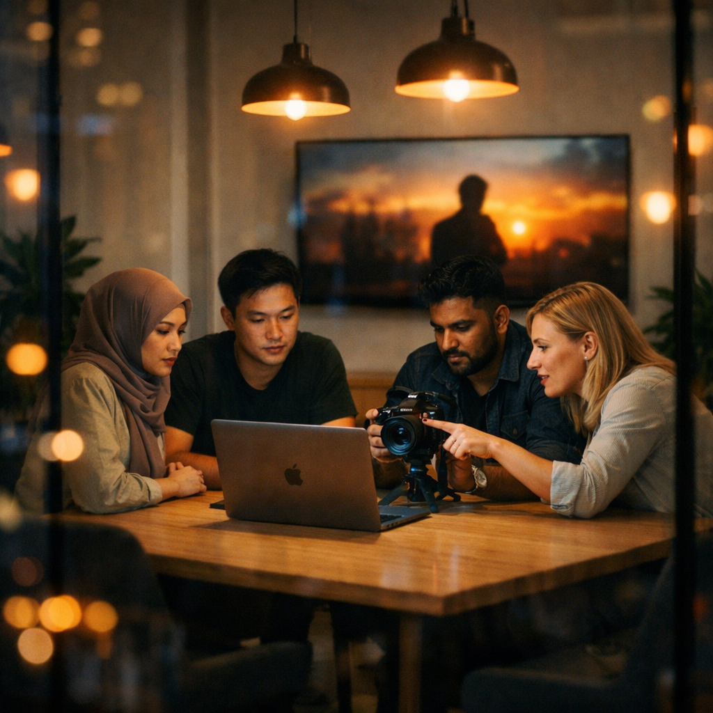 Five diverse people gathered around a laptop and camera, discussing in a cozy, warmly lit room with a sunset picture on the wall.