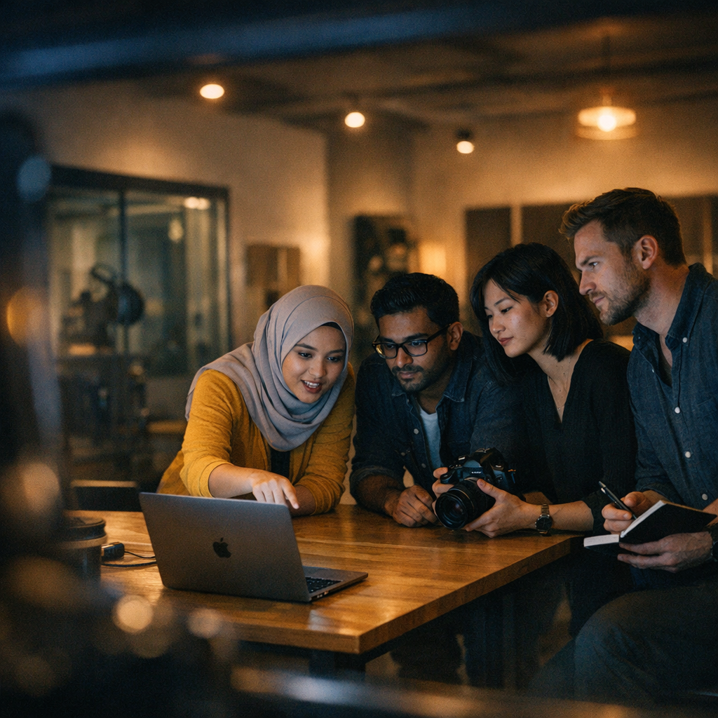 A diverse group of five people gathered around a laptop at a wooden table in a cozy, dimly lit studio or office space, working together on creative projects.