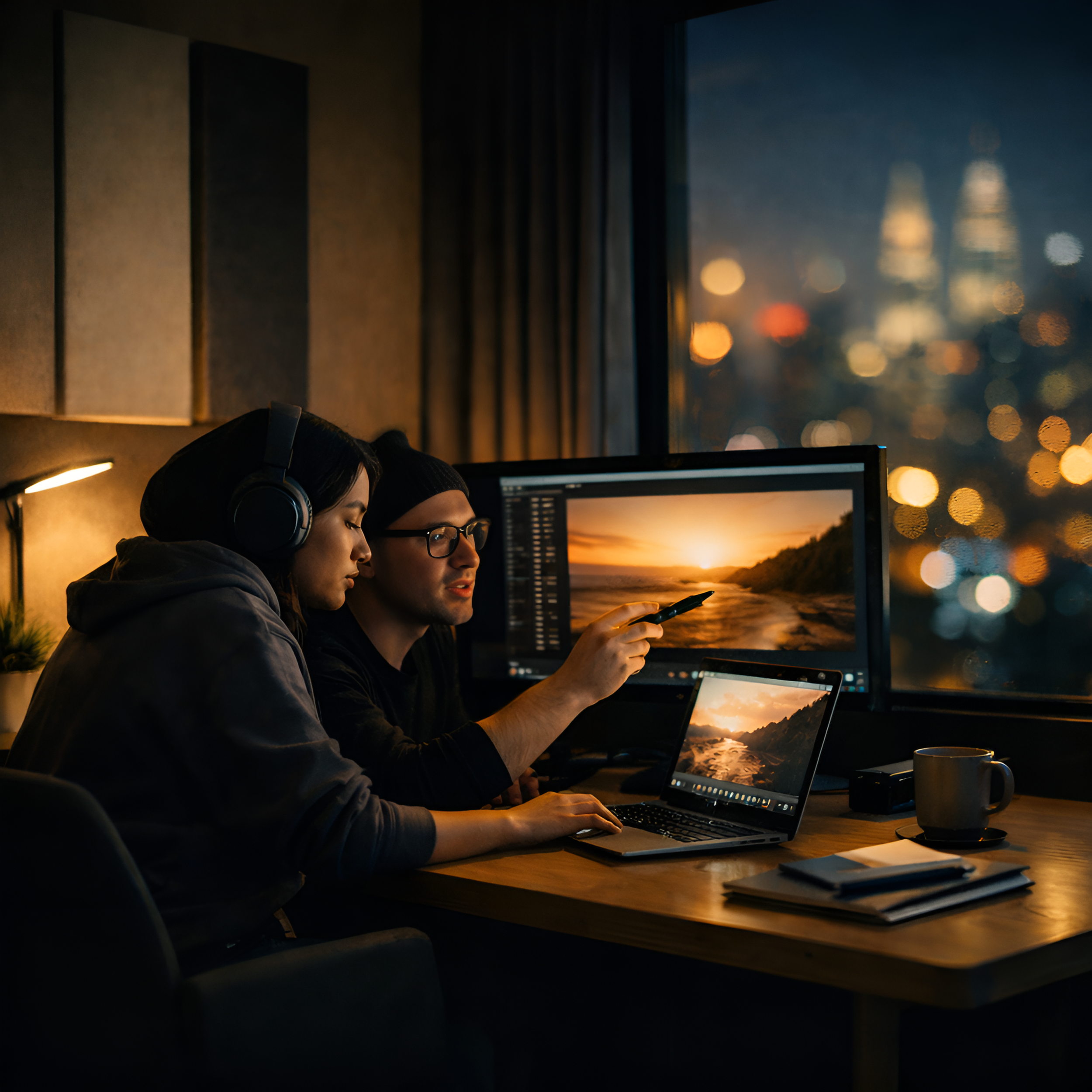 Two people working together at a desk, looking at computer screens displaying sunset beach scenes, in a dimly lit room with city lights outside the window.