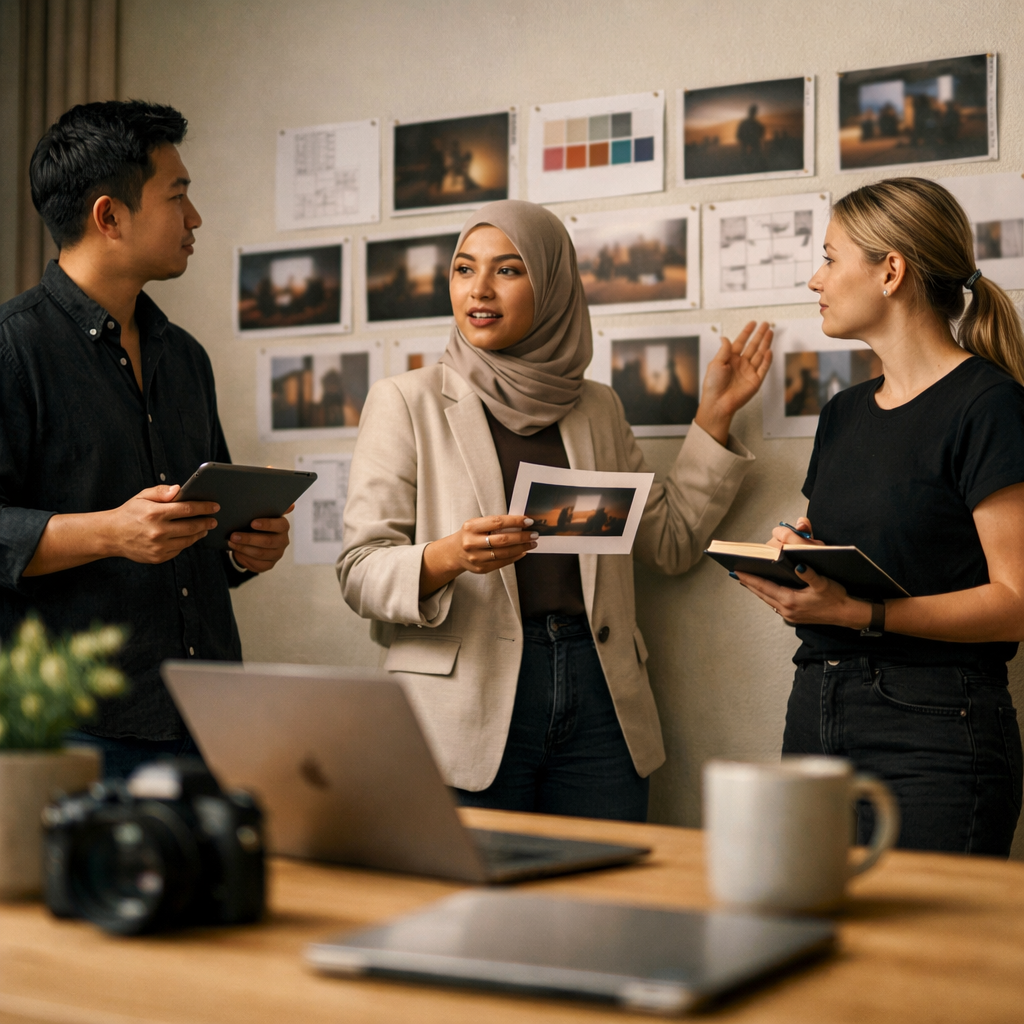 Three people having a discussion in an office, looking at images and design plans on the wall.