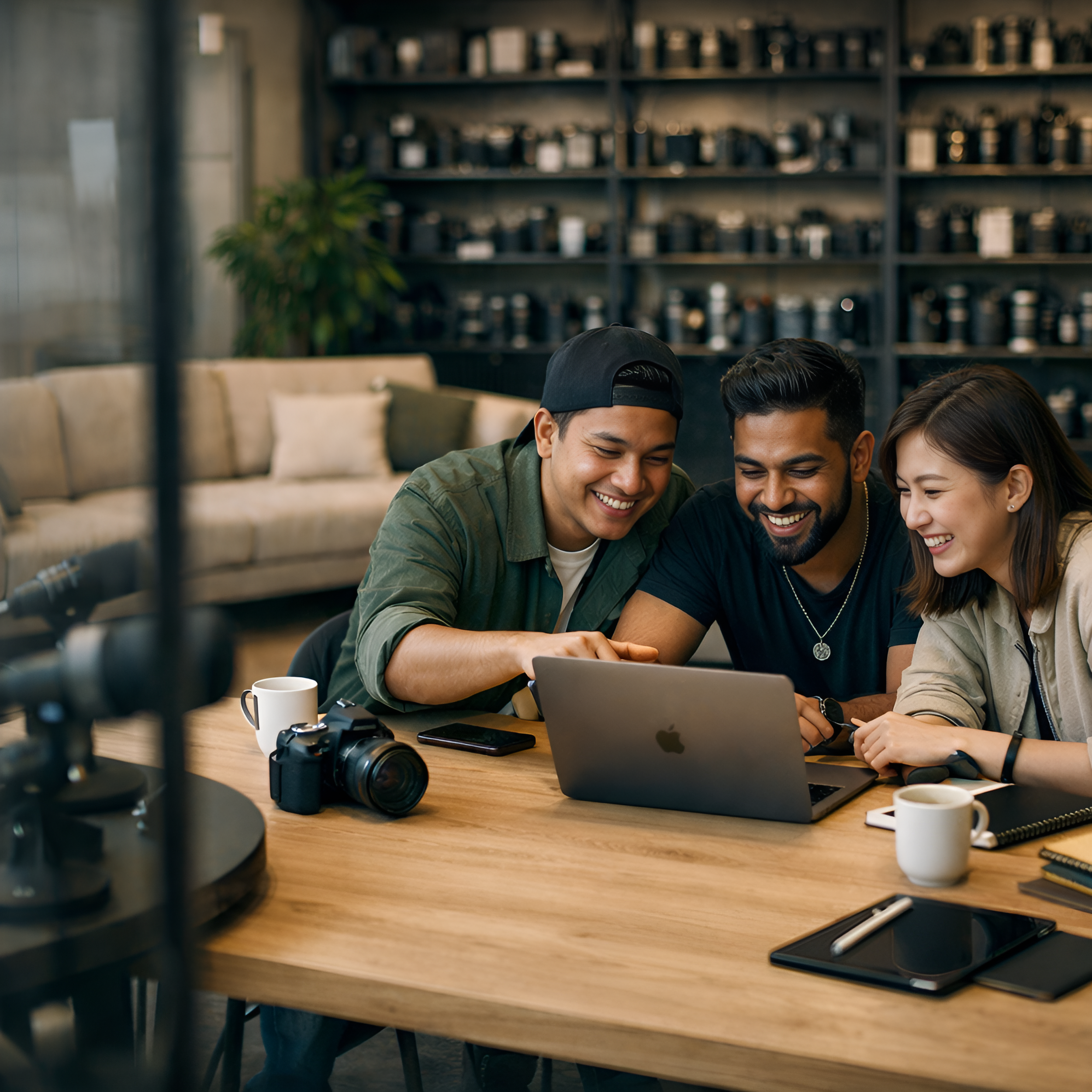 Three friends smiling and looking at a laptop screen together at a table, with cameras, smartphones, coffee mugs, and a tablet in front of them in a cozy indoor setting.