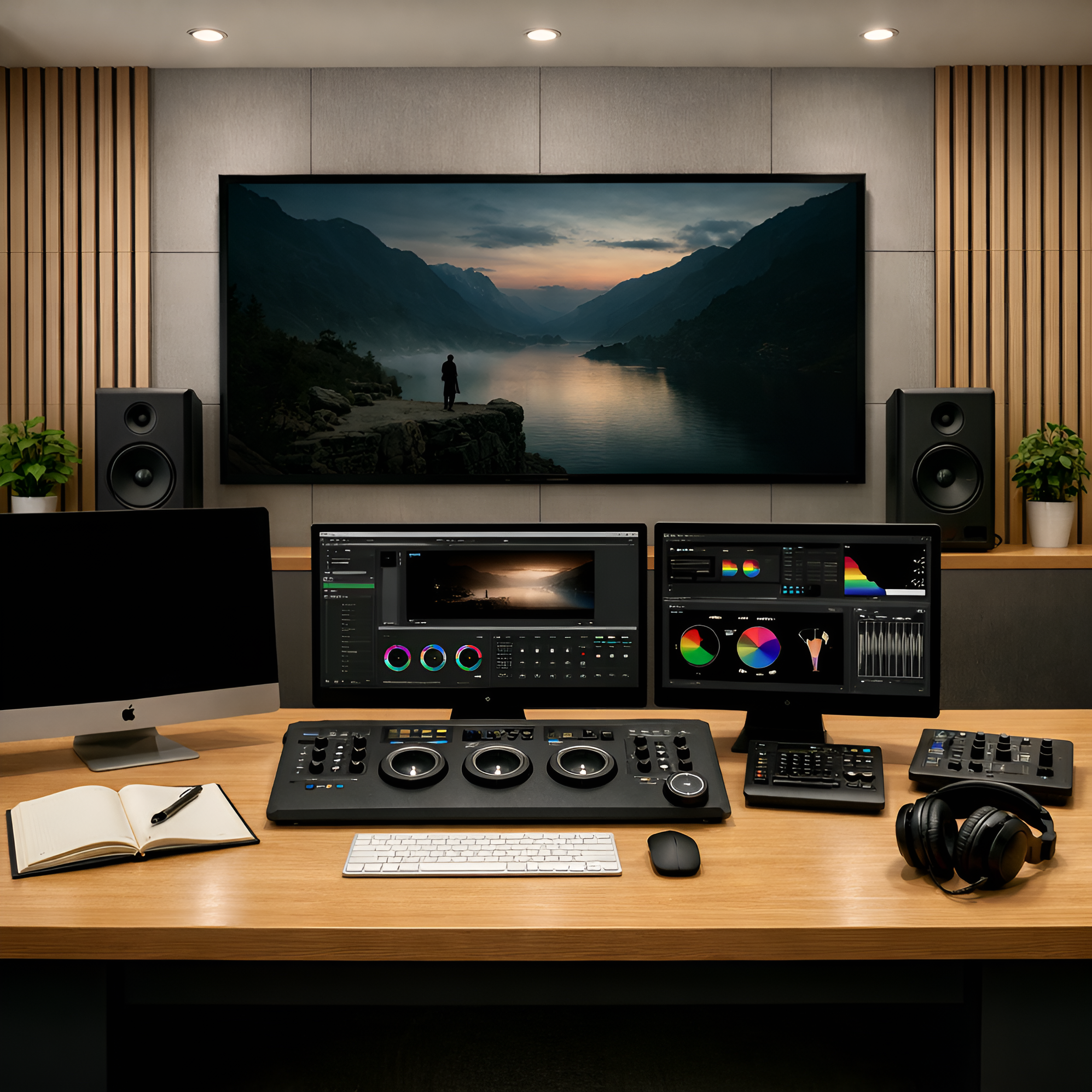A professional video editing studio with two computer monitors displaying editing software, a DJ or audio mixing console, headphones, an iMac, keyboard, mouse, notebook, pen, and large speakers, with a scenic landscape of a person by a river at sunse
