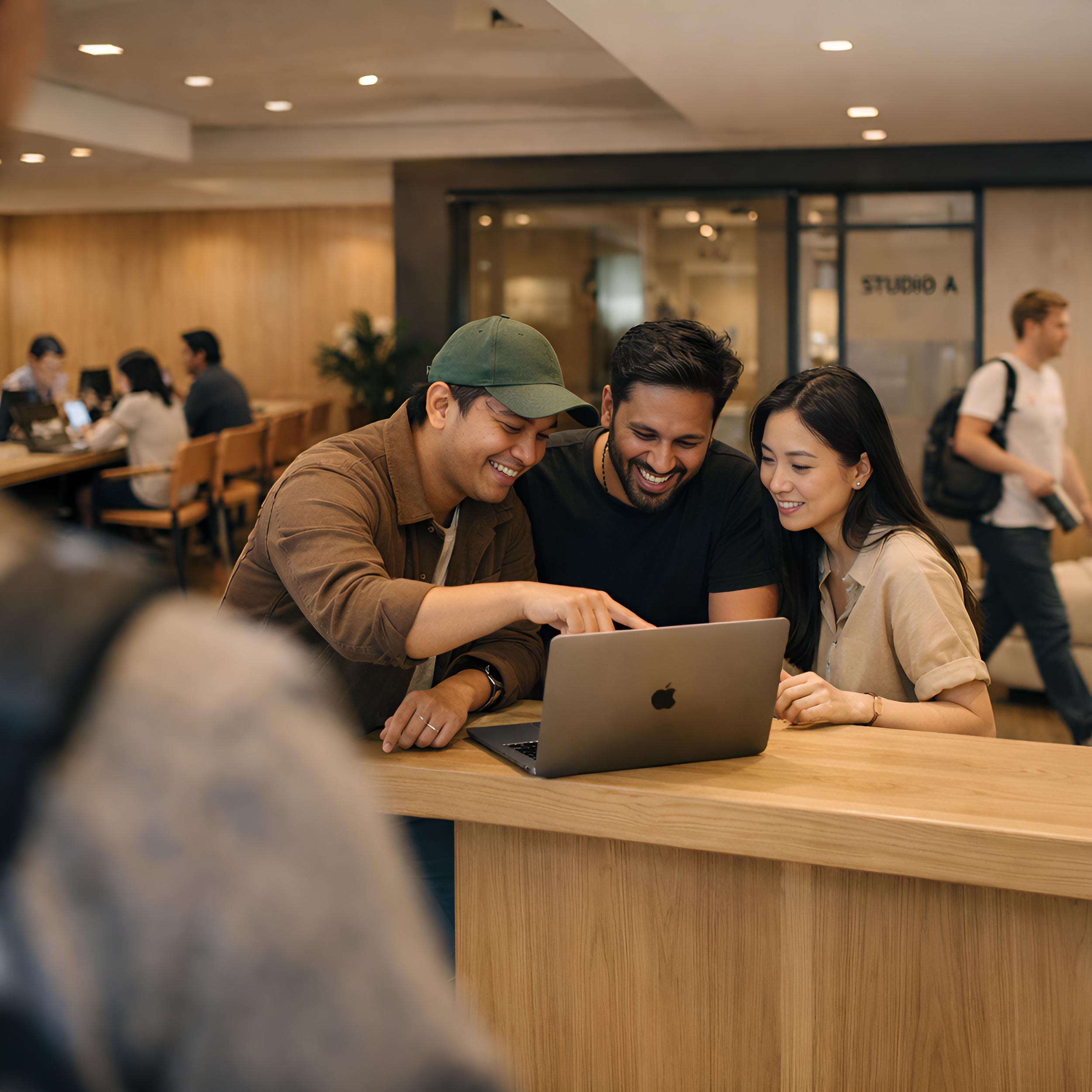 Three people gathered around a laptop, smiling and pointing at the screen, in a modern office space.