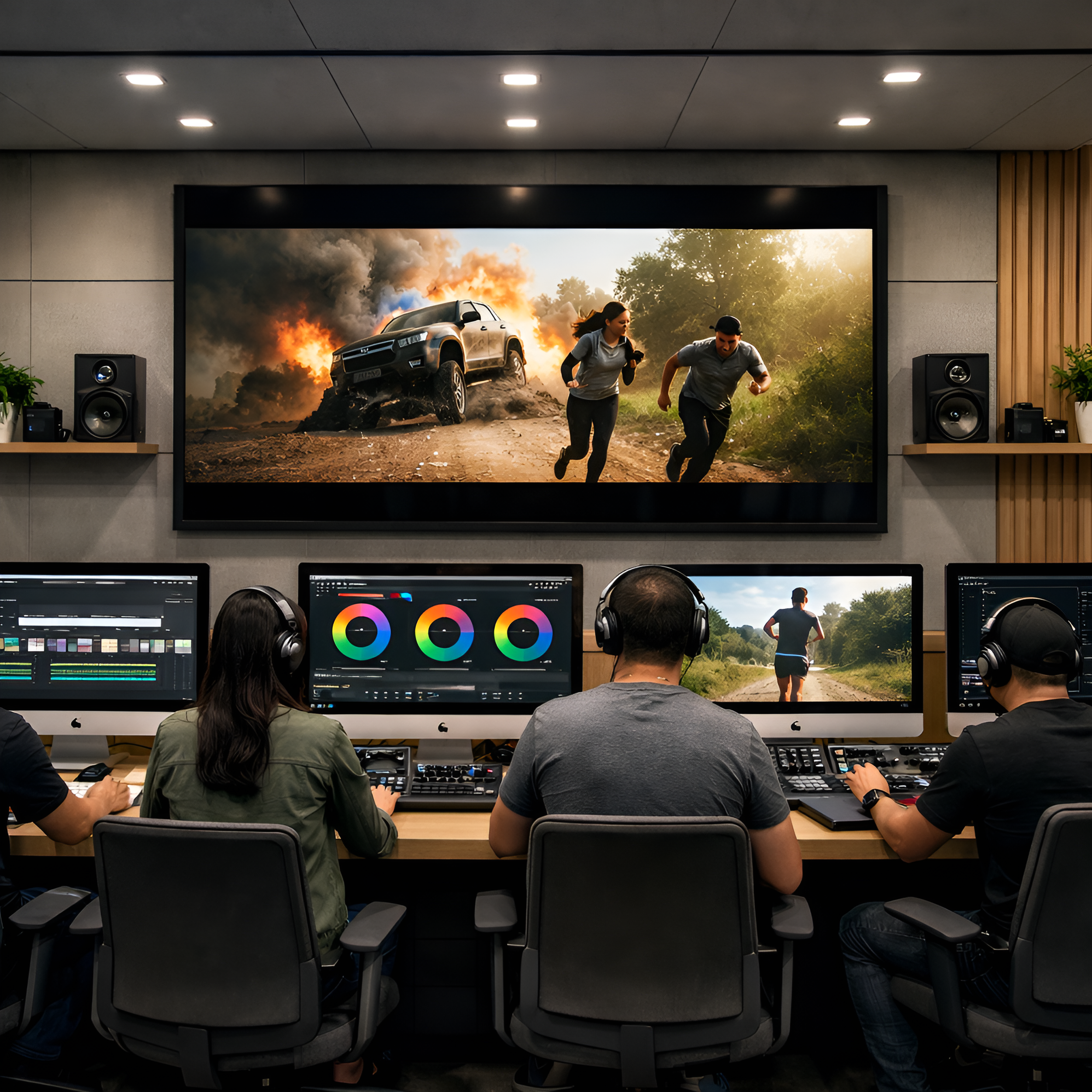 People working in a video editing studio watching a car chase scene on multiple monitors.