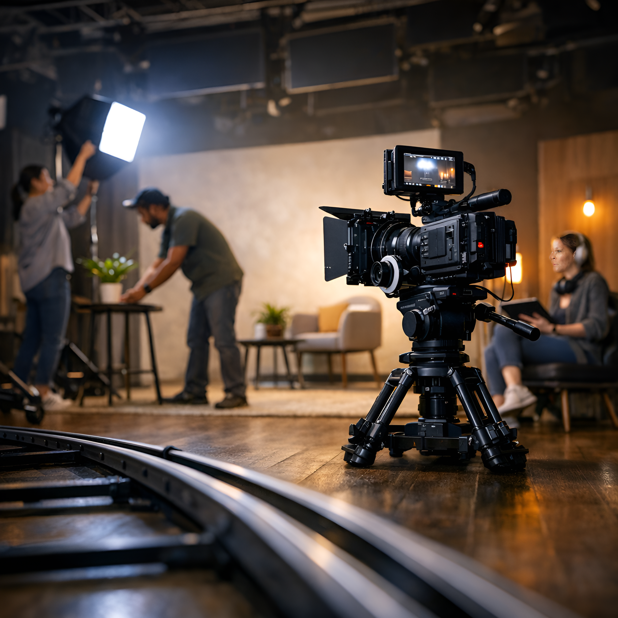 A film or video production set with a professional camera in the foreground, crew members working with lighting and props in the background, and a woman sitting on a chair with headphones, all within a studio with wooden floors and warm lighting.