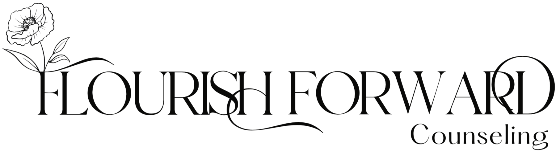 The image shows a logo with the text 'FLOURISH FORWARD' and 'Counseling' underneath. There is a flower illustration to the left of the text.