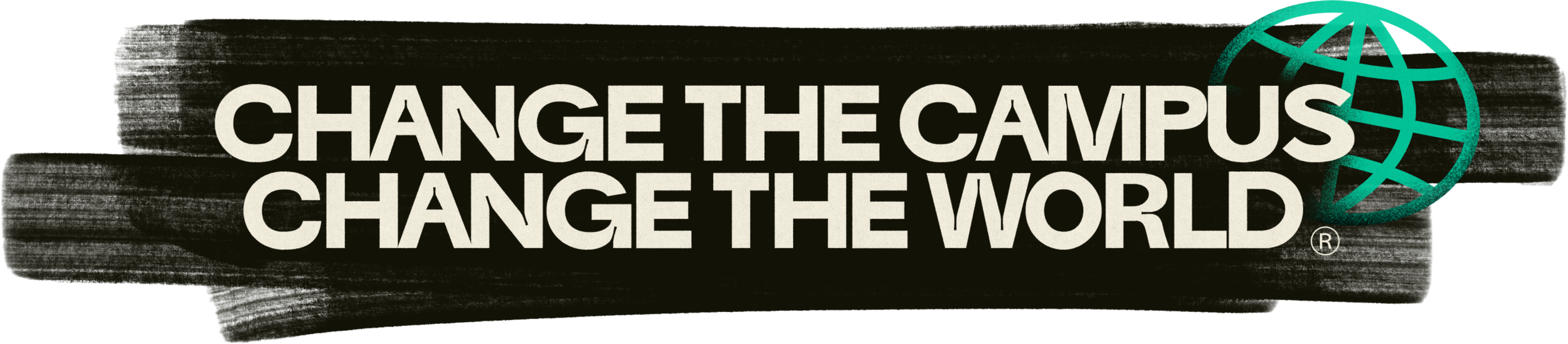 Text reading "Change the campus, change the world" with a globe icon in the top right corner.