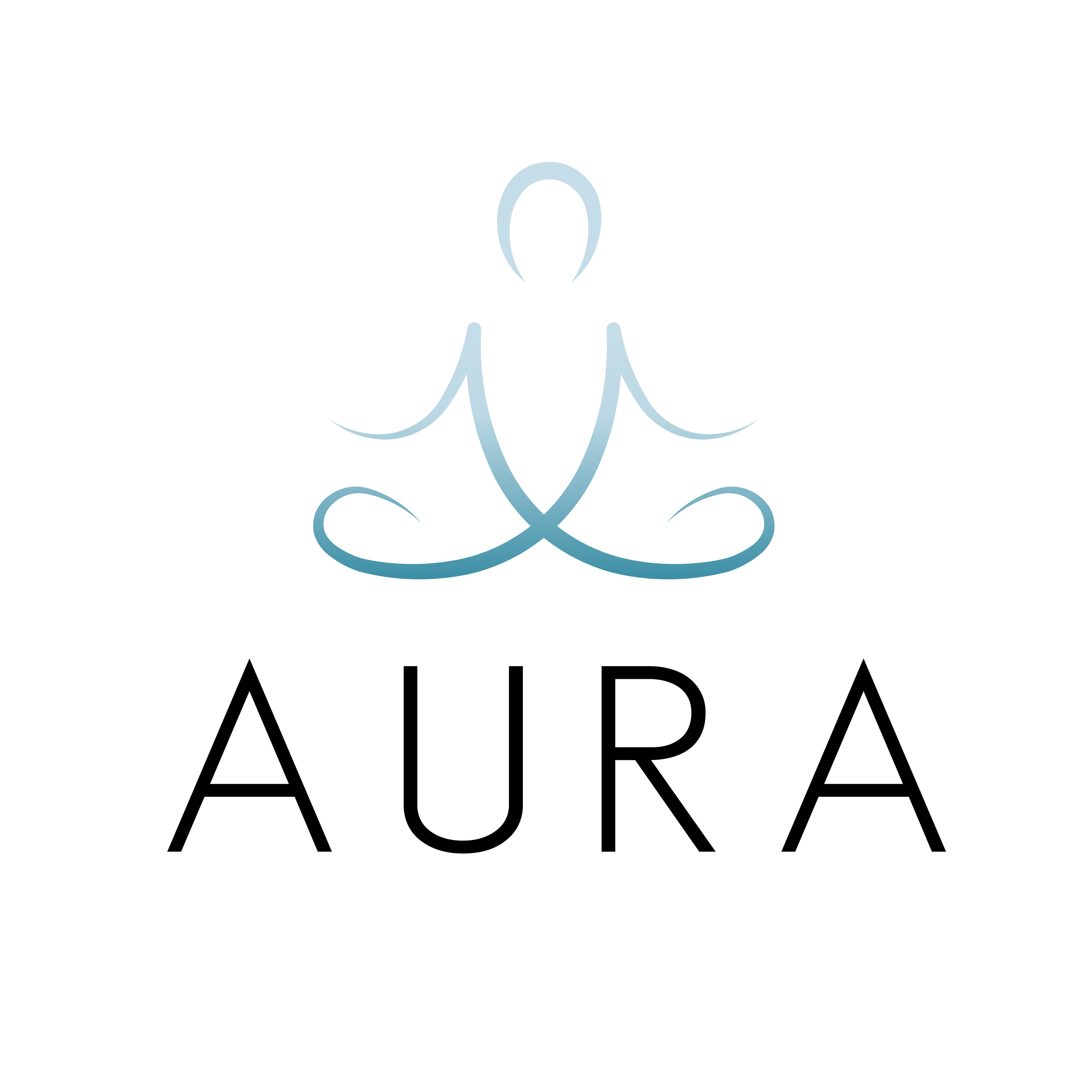 A logo featuring an outline of a person sitting in a meditation pose becuase we focus on Physical Therapy, Pilates and wellness services.  and the word"AURA" in