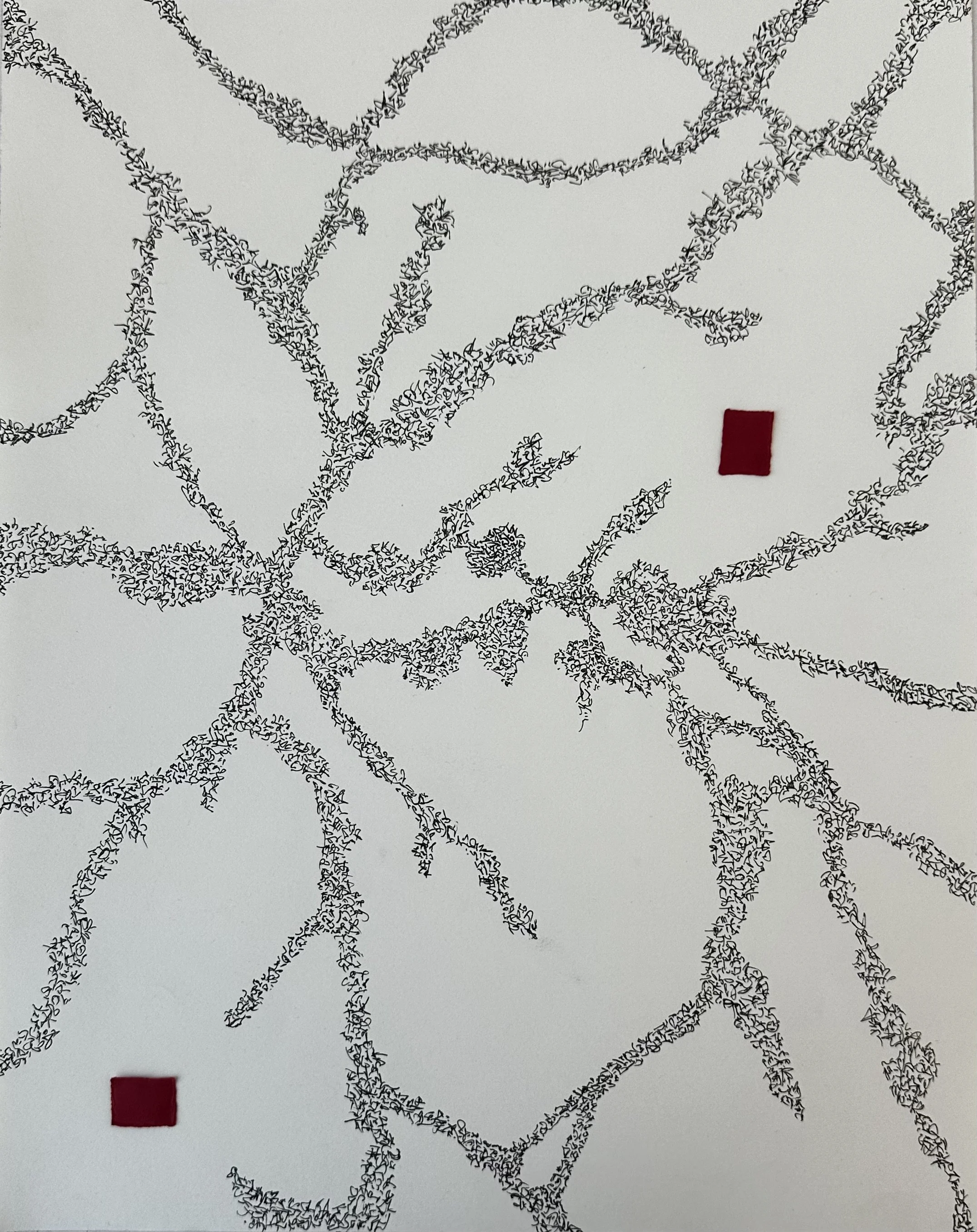 Asemic Writing - Part 4 | (2025) | Micron pen and red construction paper on sketchbook paper