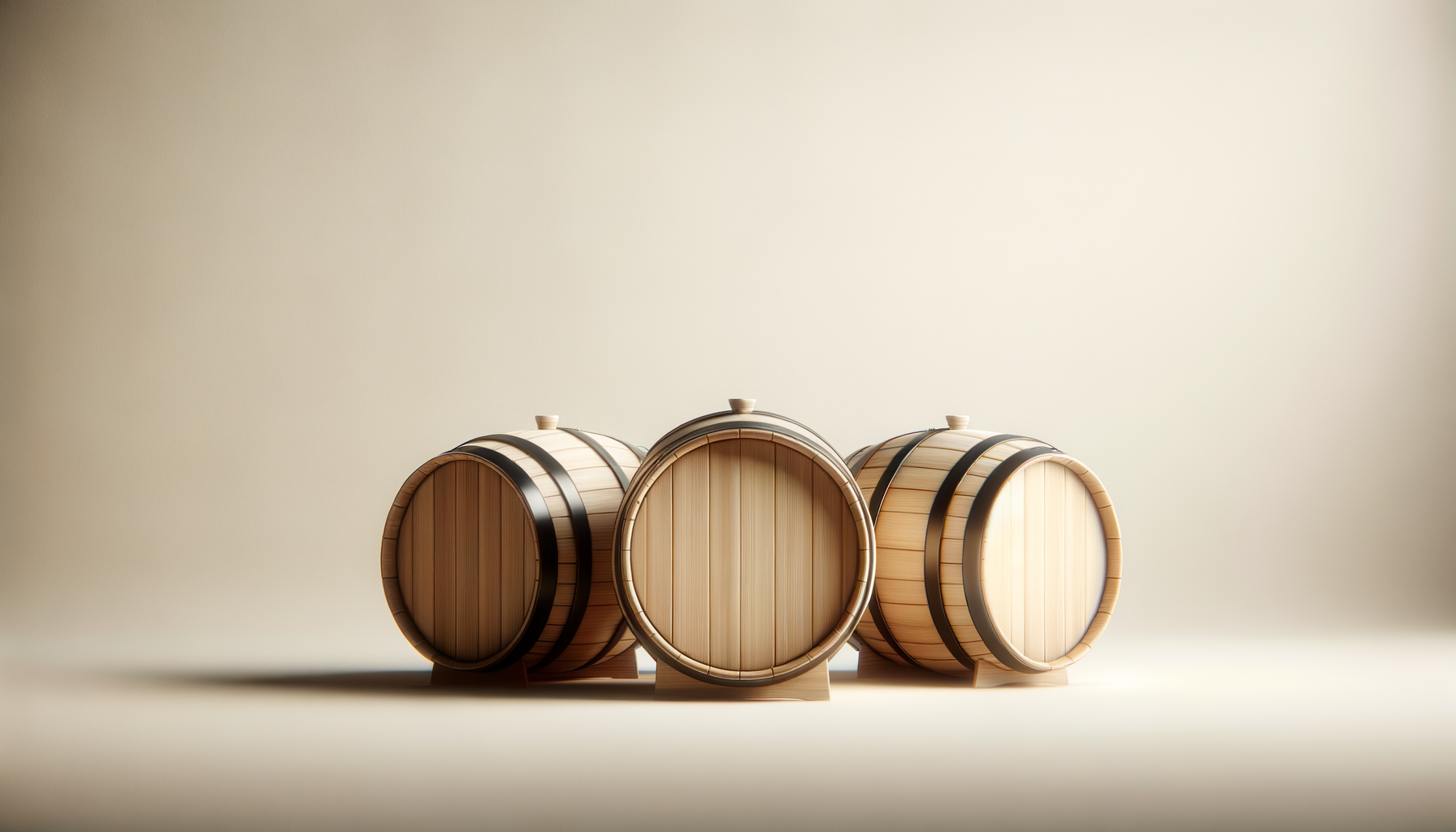Three wooden barrels placed on a light-colored surface against a neutral background.