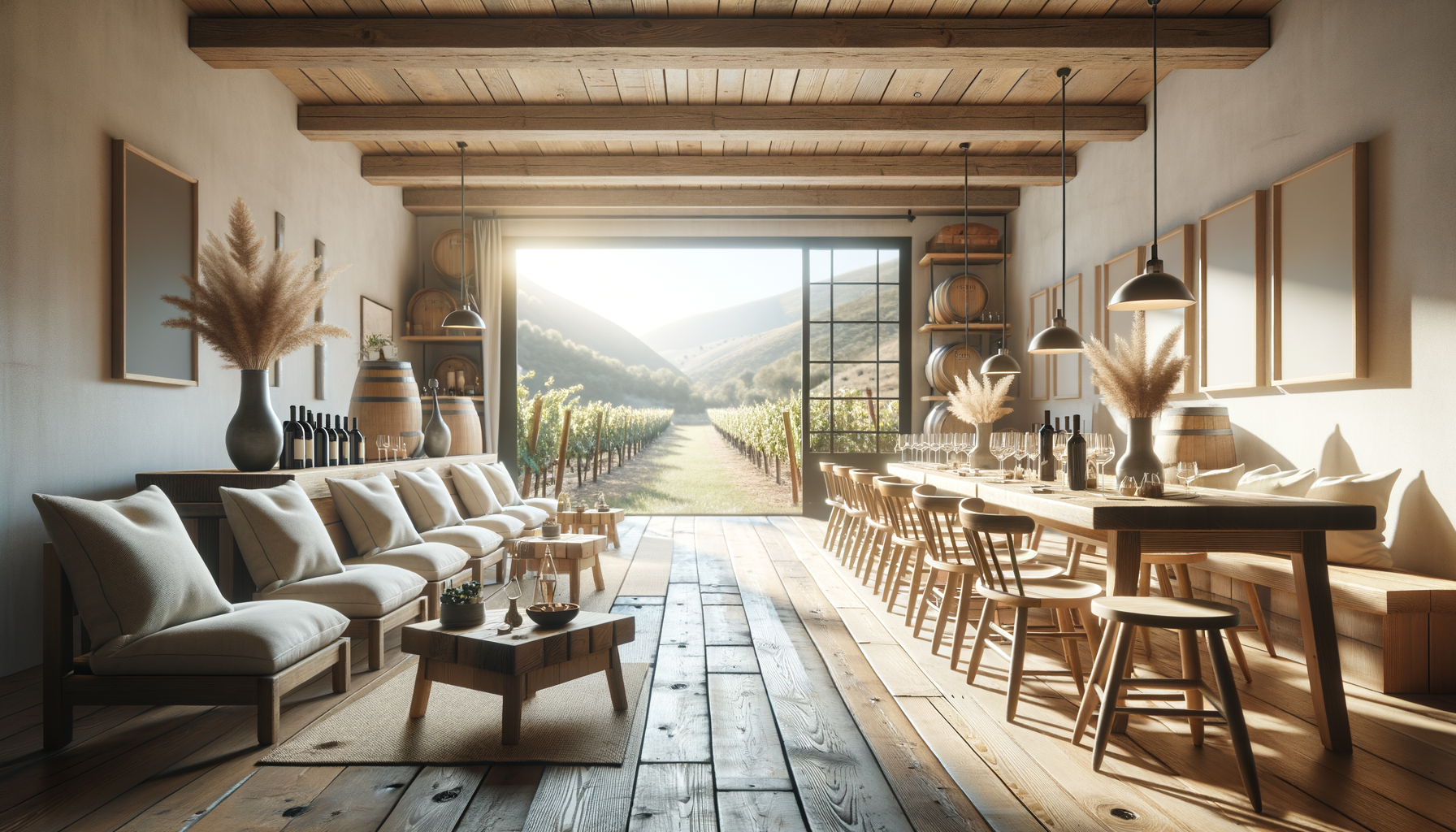 Interior of a cozy, rustic dining room with large window overlooking vineyards and mountains. Cream sofa with cushions, wooden tables with vases of pampas grass, wine bottles, and glasses. Wooden chairs and shelves with barrels and decorative items. Warm sunlight streaming in, creating a inviting atmosphere.
